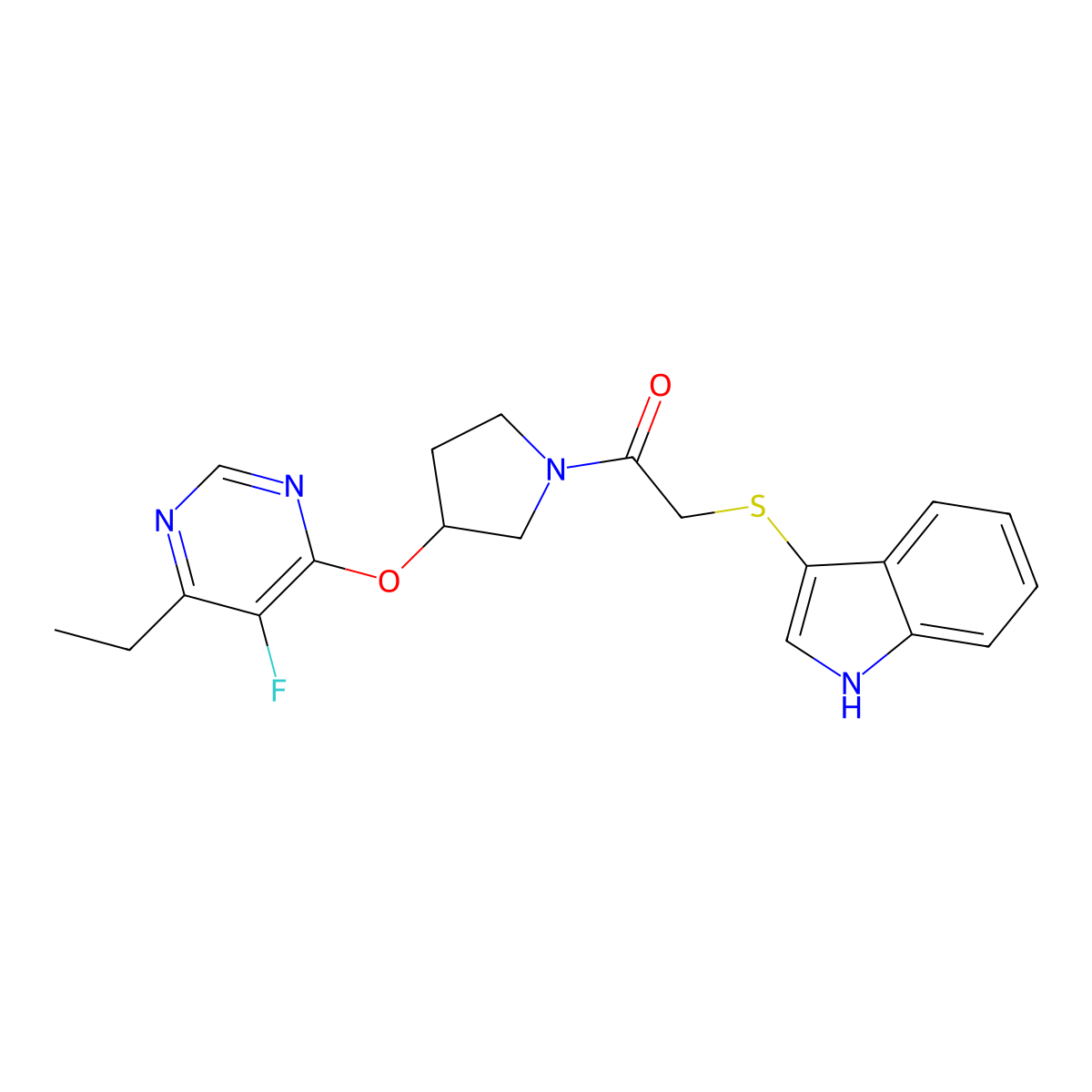 2-((1H-indol-3-yl)thio)-1-(3-((6-ethyl-5-fluoropyrimidin-4-yl)oxy)pyrrolidin-1-yl)ethanone molecular structure, CAS 2034436-23-0