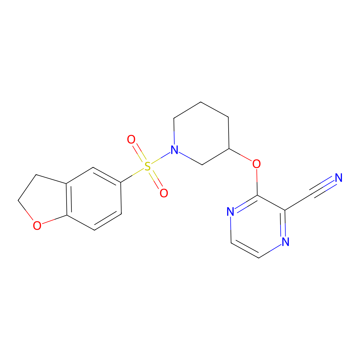 3-((1-((2,3-Dihydrobenzofuran-5-yl)sulfonyl)piperidin-3-yl)oxy)pyrazine-2-carbonitrile molecular structure, CAS 2034436-39-8