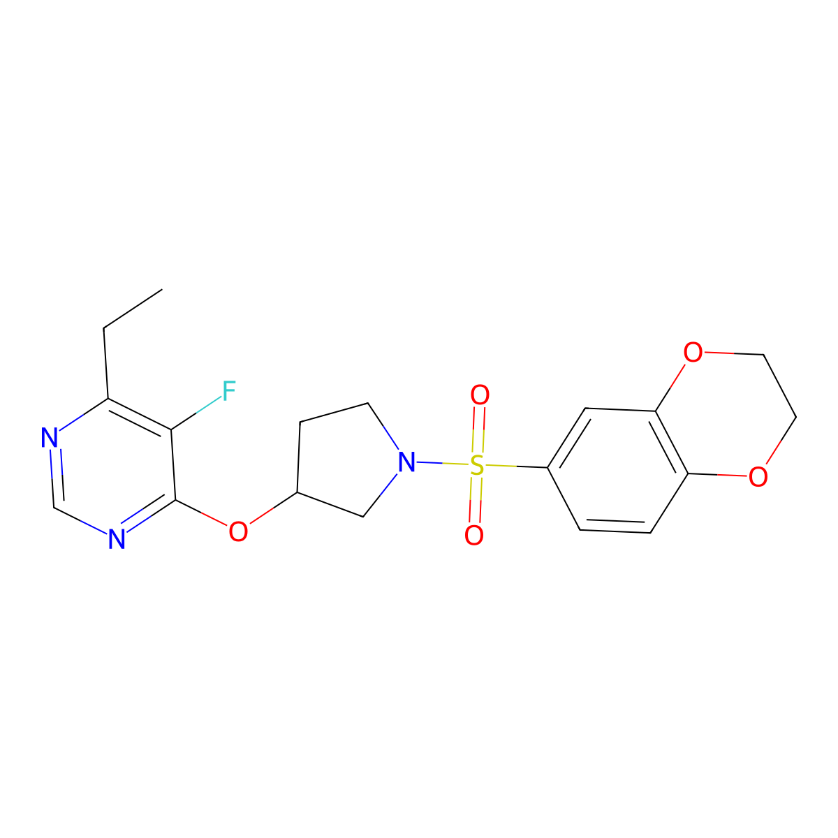 4-((1-((2,3-Dihydrobenzo[b][1,4]dioxin-6-yl)sulfonyl)pyrrolidin-3-yl)oxy)-6-ethyl-5-fluoropyrimidine molecular structure, CAS 2034436-47-8