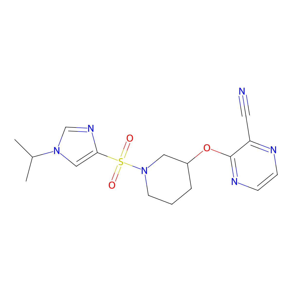 3-((1-((1-isopropyl-1H-imidazol-4-yl)sulfonyl)piperidin-3-yl)oxy)pyrazine-2-carbonitrile molecular structure, CAS 2034436-51-4