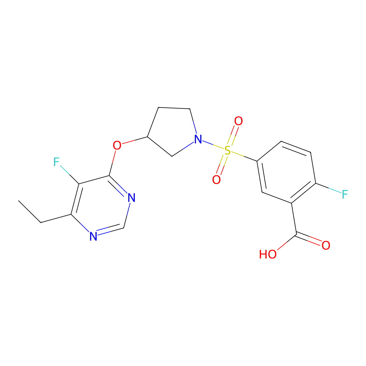 5-((3-((6-Ethyl-5-fluoropyrimidin-4-yl)oxy)pyrrolidin-1-yl)sulfonyl)-2-fluorobenzoic acid molecular structure, CAS 2034436-57-0
