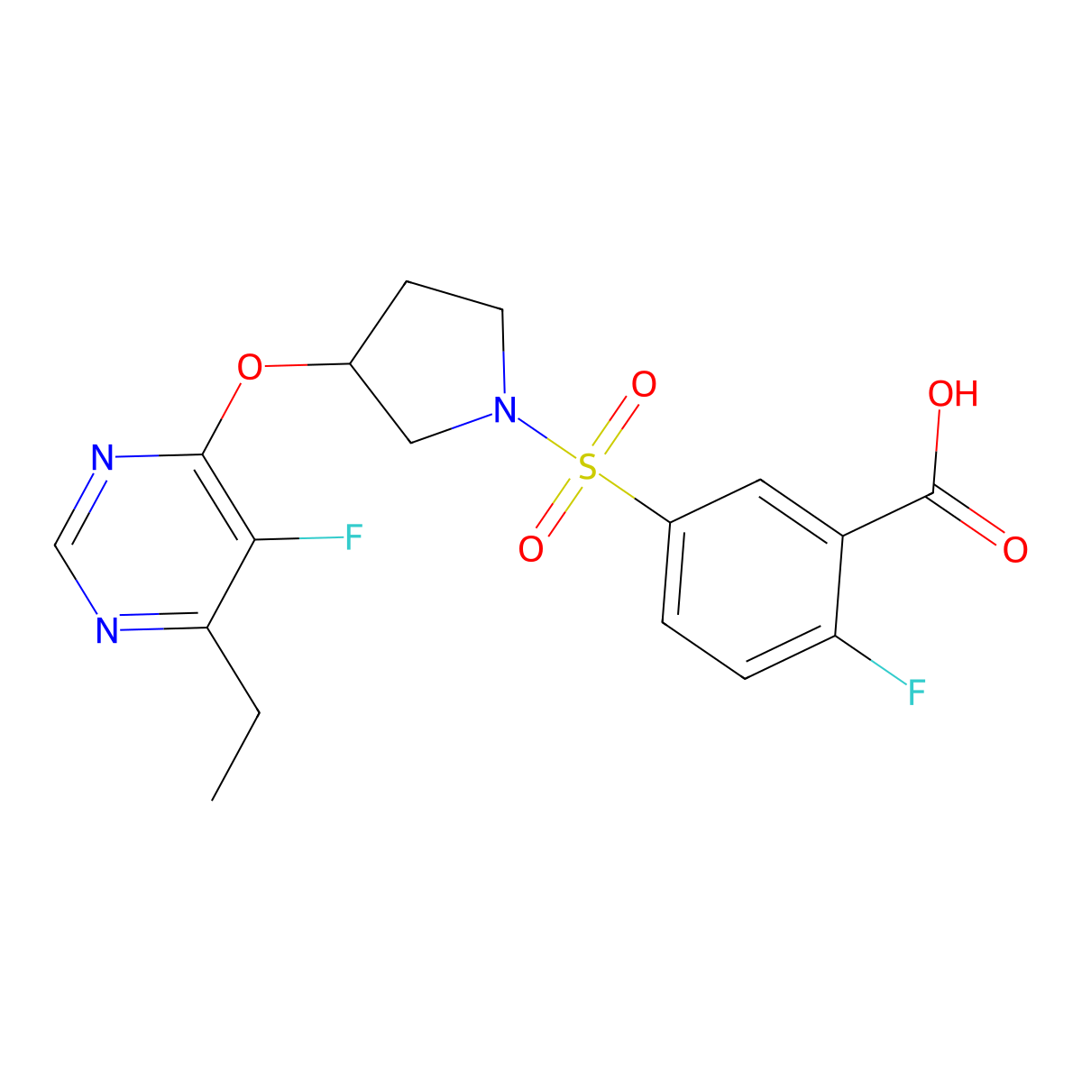 5-((3-((6-Ethyl-5-fluoropyrimidin-4-yl)oxy)pyrrolidin-1-yl)sulfonyl)-2-fluorobenzoic acid molecular structure, CAS 2034436-57-0