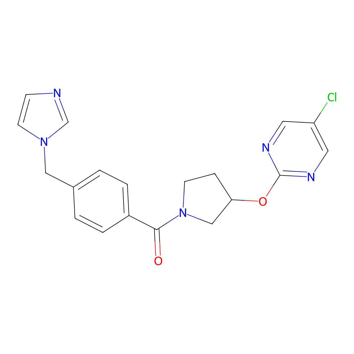(4-((1H-imidazol-1-yl)methyl)phenyl)(3-((5-chloropyrimidin-2-yl)oxy)pyrrolidin-1-yl)methanone molecular structure, CAS 2034436-68-3