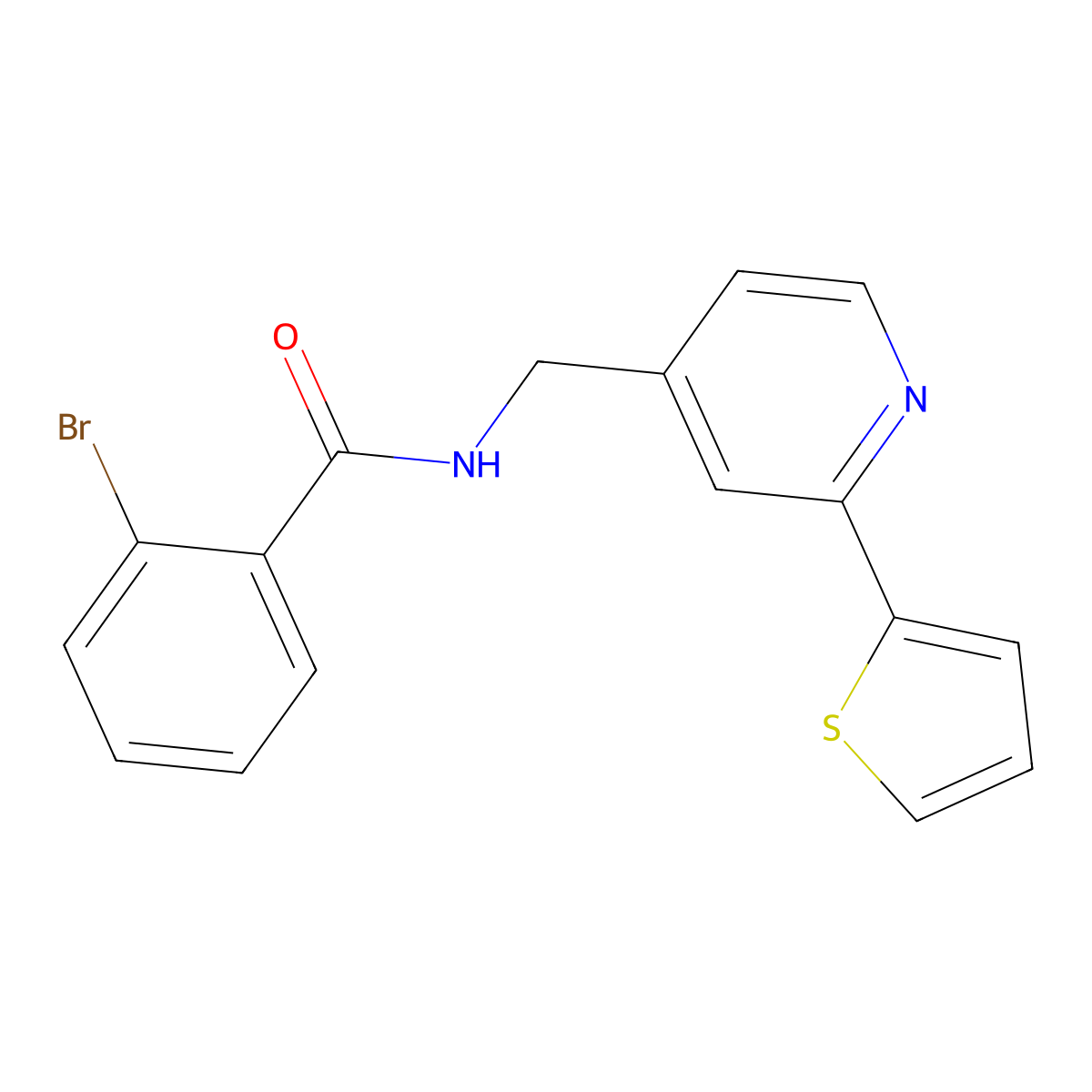 2-bromo-N-((2-(thiophen-2-yl)pyridin-4-yl)methyl)benzamide molecular structure, CAS 2034436-72-9