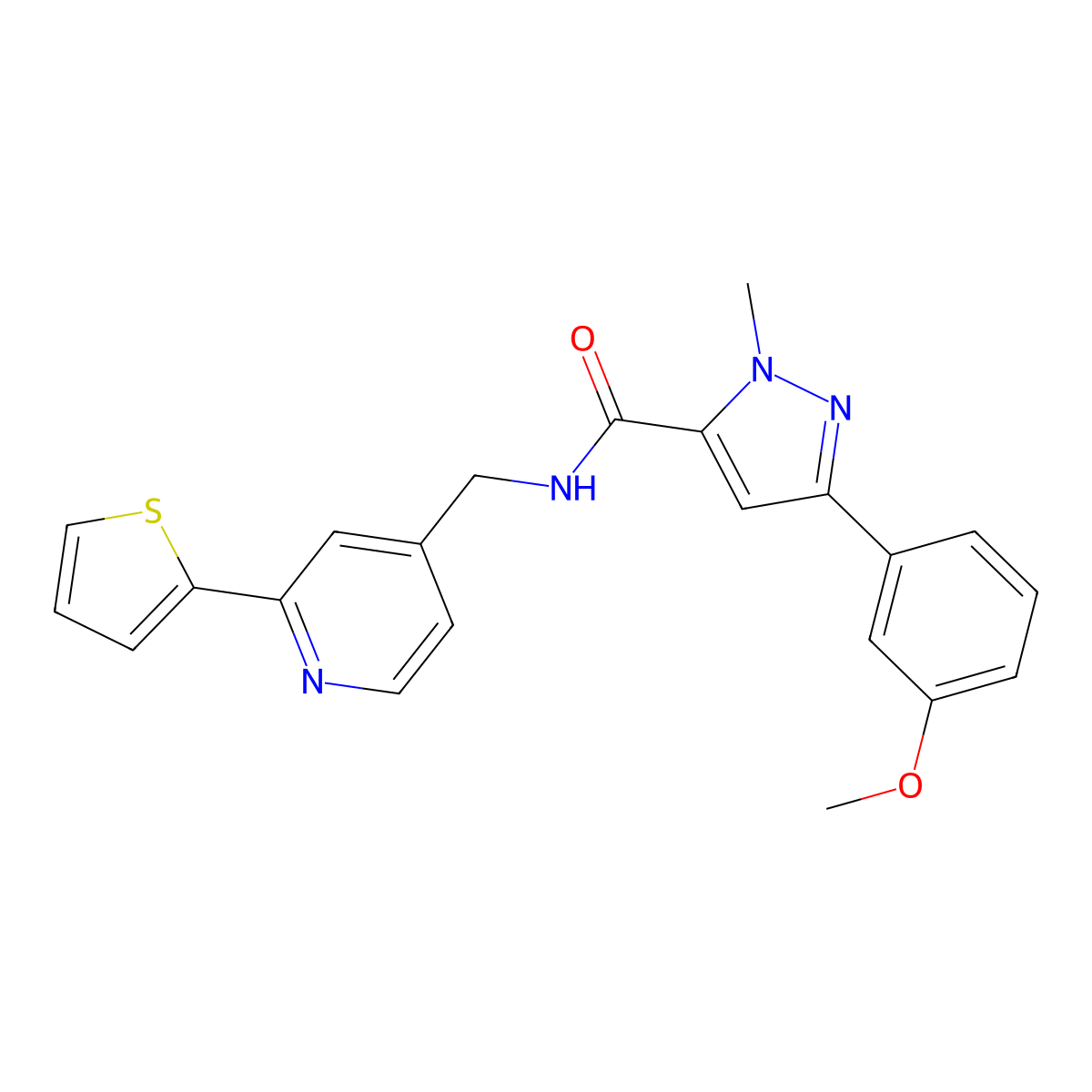 3-(3-methoxyphenyl)-1-methyl-N-((2-(thiophen-2-yl)pyridin-4-yl)methyl)-1H-pyrazole-5-carboxamide molecular structure, CAS 2034436-89-8