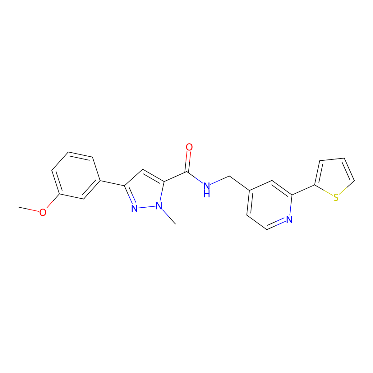 3-(3-methoxyphenyl)-1-methyl-N-((2-(thiophen-2-yl)pyridin-4-yl)methyl)-1H-pyrazole-5-carboxamide molecular structure, CAS 2034436-89-8