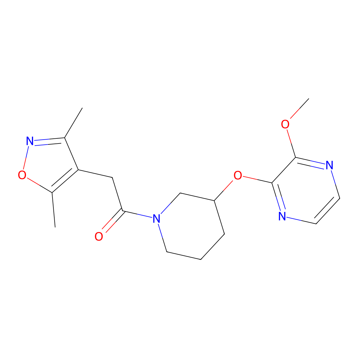 2-(3,5-Dimethylisoxazol-4-yl)-1-(3-((3-methoxypyrazin-2-yl)oxy)piperidin-1-yl)ethanone molecular structure, CAS 2034437-11-9