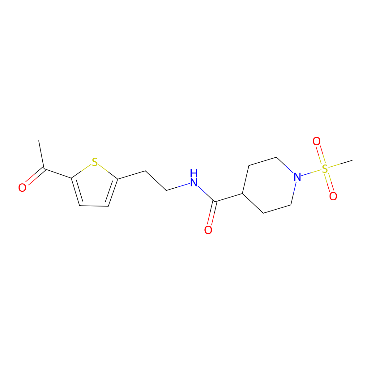 N-(2-(5-acetylthiophen-2-yl)ethyl)-1-(methylsulfonyl)piperidine-4-carboxamide molecular structure, CAS 2034437-12-0