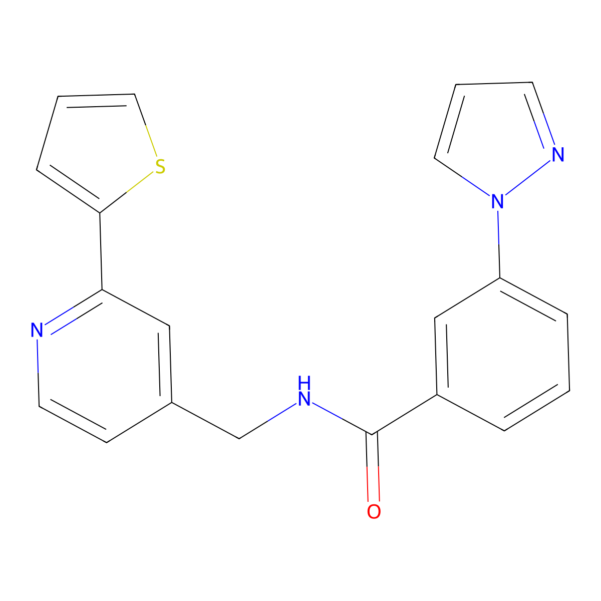 3-(1H-pyrazol-1-yl)-N-((2-(thiophen-2-yl)pyridin-4-yl)methyl)benzamide molecular structure, CAS 2034437-37-9
