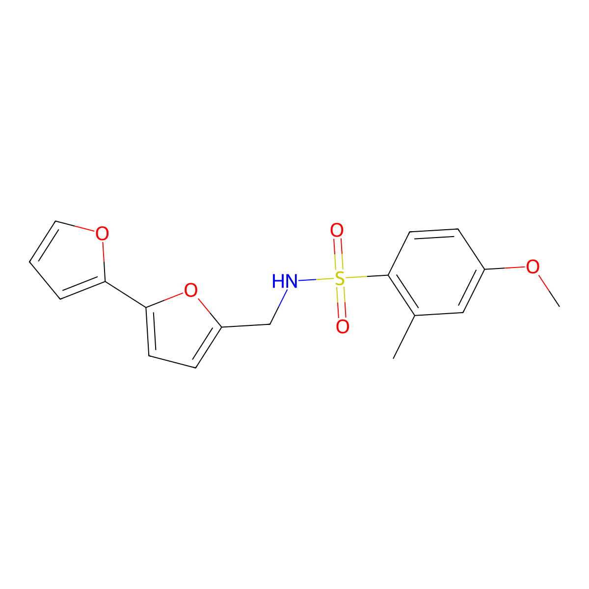 N-({[2,2'-bifuran]-5-yl}methyl)-4-methoxy-2-methylbenzene-1-sulfonamide molecular structure, CAS 2034437-48-2