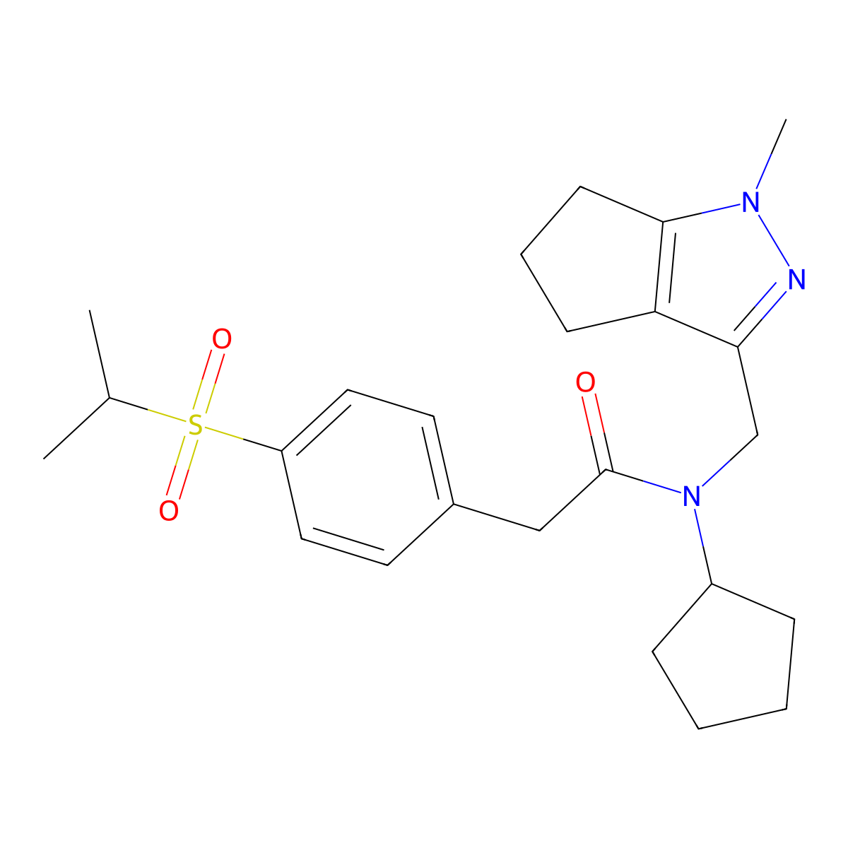 N-cyclopentyl-2-(4-(isopropylsulfonyl)phenyl)-N-((1-methyl-1,4,5,6-tetrahydrocyclopenta[c]pyrazol-3-yl)methyl)acetamide molecular structure, CAS 2034437-50-6