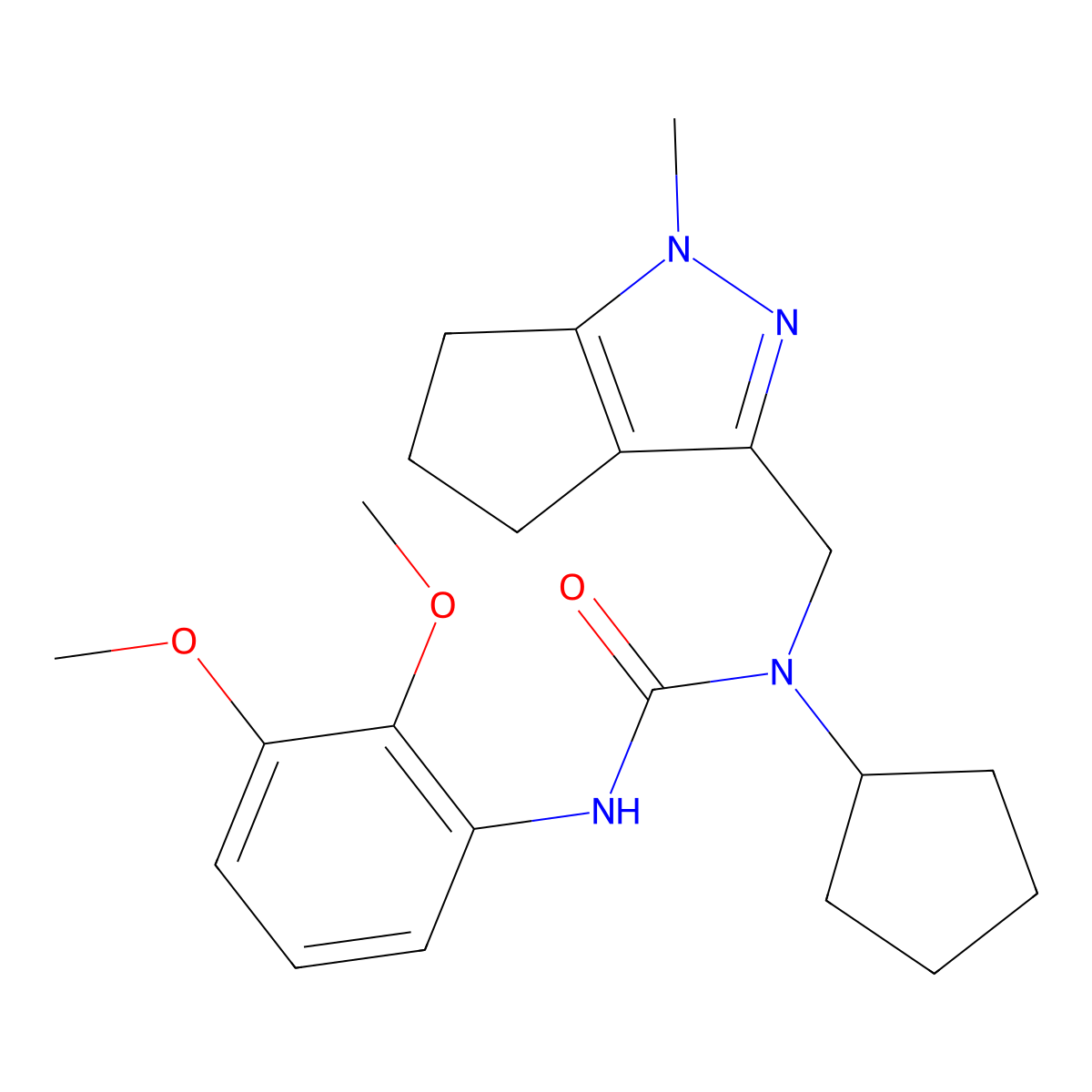 1-Cyclopentyl-3-(2,3-dimethoxyphenyl)-1-((1-methyl-1,4,5,6-tetrahydrocyclopenta[c]pyrazol-3-yl)methyl)urea molecular structure, CAS 2034437-53-9