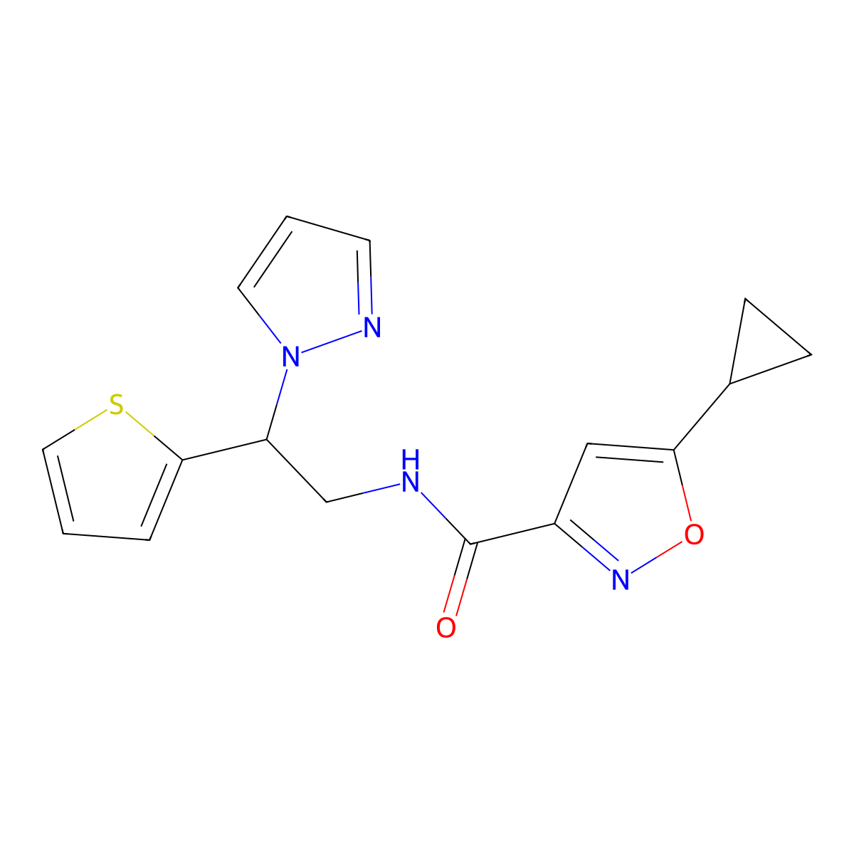 N-(2-(1H-pyrazol-1-yl)-2-(thiophen-2-yl)ethyl)-5-cyclopropylisoxazole-3-carboxamide molecular structure, CAS 2034437-56-2