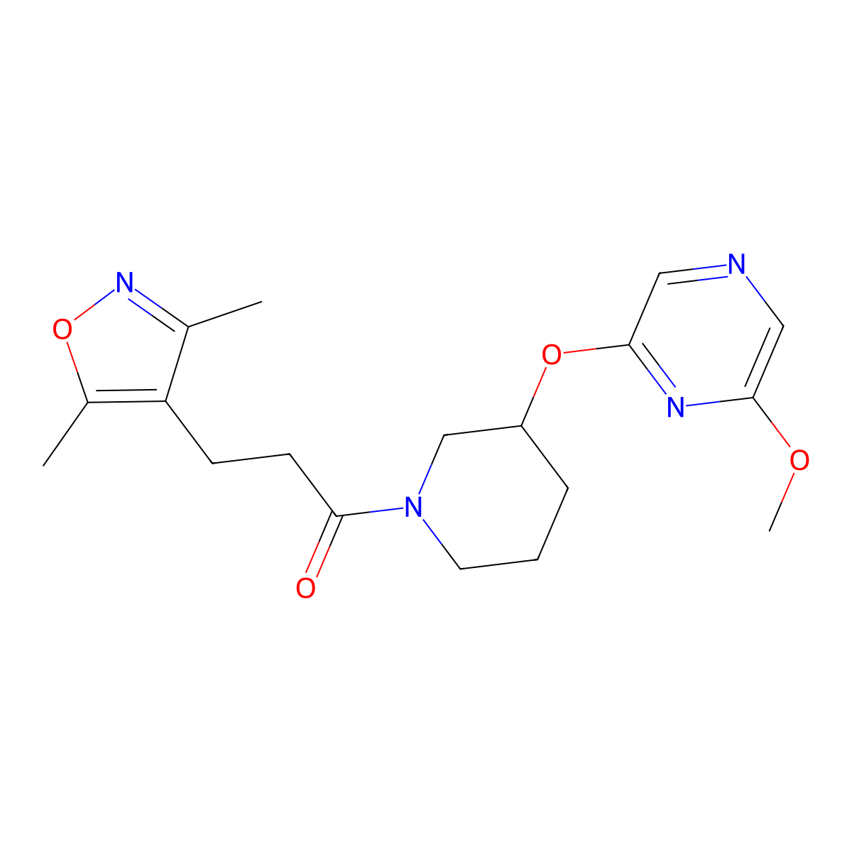 3-(3,5-Dimethylisoxazol-4-yl)-1-(3-((6-methoxypyrazin-2-yl)oxy)piperidin-1-yl)propan-1-one molecular structure, CAS 2034437-57-3