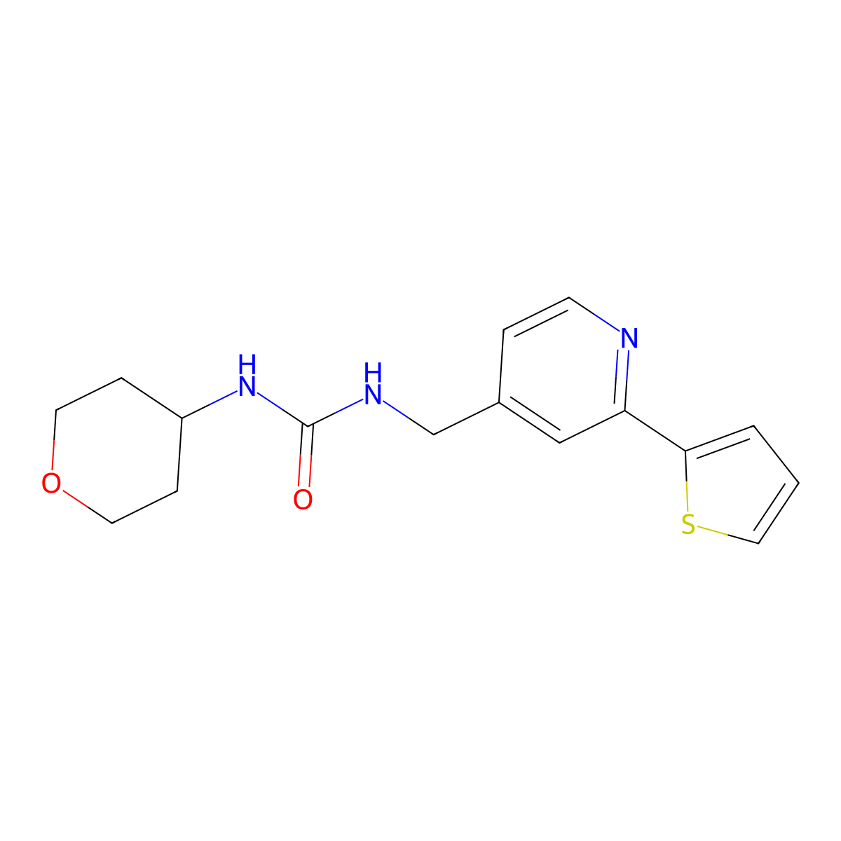 1-(tetrahydro-2H-pyran-4-yl)-3-((2-(thiophen-2-yl)pyridin-4-yl)methyl)urea molecular structure, CAS 2034437-59-5