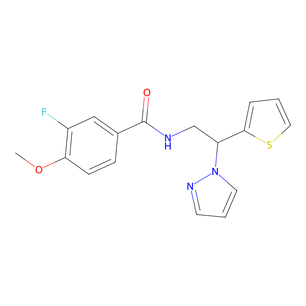 N-(2-(1H-pyrazol-1-yl)-2-(thiophen-2-yl)ethyl)-3-fluoro-4-methoxybenzamide molecular structure, CAS 2034437-65-3