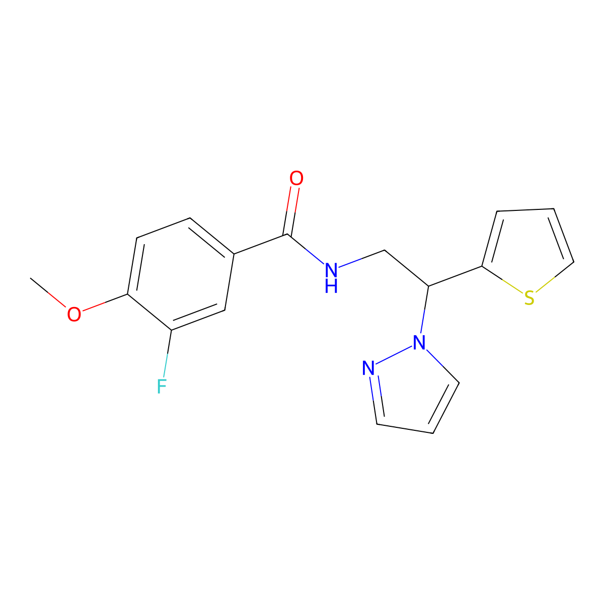 N-(2-(1H-pyrazol-1-yl)-2-(thiophen-2-yl)ethyl)-3-fluoro-4-methoxybenzamide molecular structure, CAS 2034437-65-3
