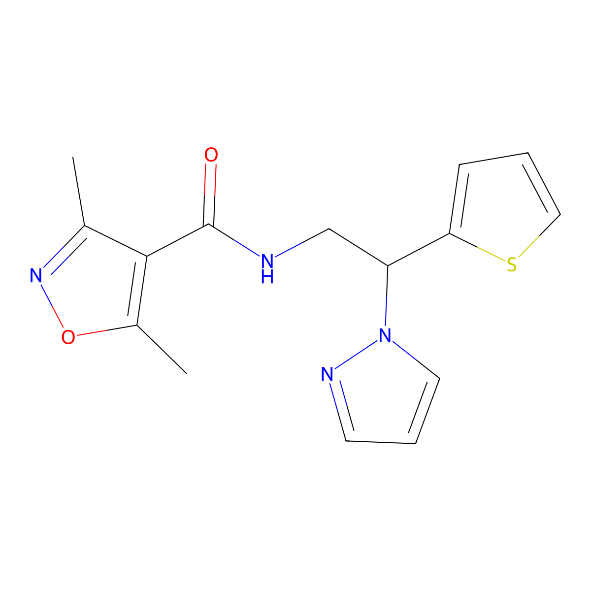 N-(2-(1H-pyrazol-1-yl)-2-(thiophen-2-yl)ethyl)-3,5-dimethylisoxazole-4-carboxamide molecular structure, CAS 2034437-72-2