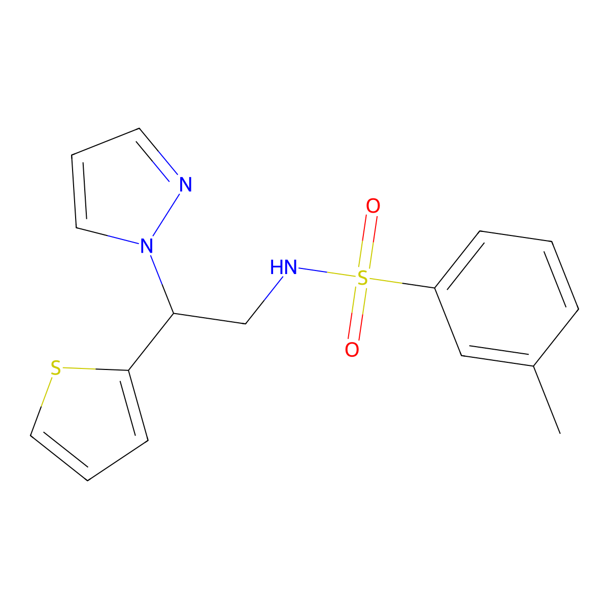 N-(2-(1H-pyrazol-1-yl)-2-(thiophen-2-yl)ethyl)-3-methylbenzenesulfonamide molecular structure, CAS 2034437-81-3