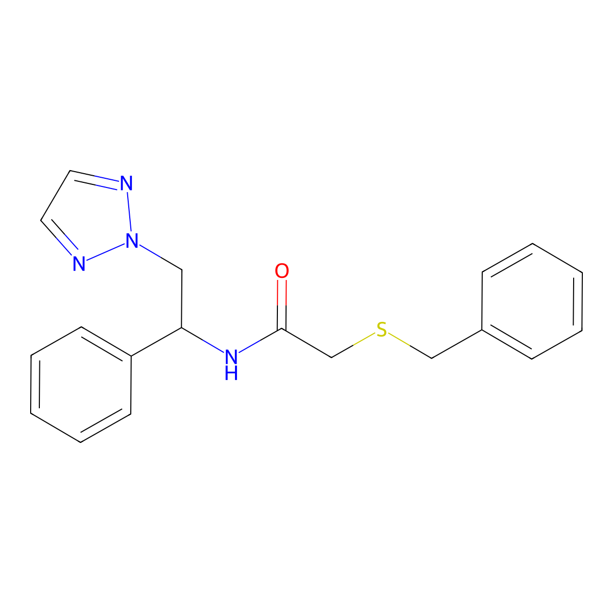 2-(benzylthio)-N-(1-phenyl-2-(2H-1,2,3-triazol-2-yl)ethyl)acetamide molecular structure, CAS 2034438-07-6