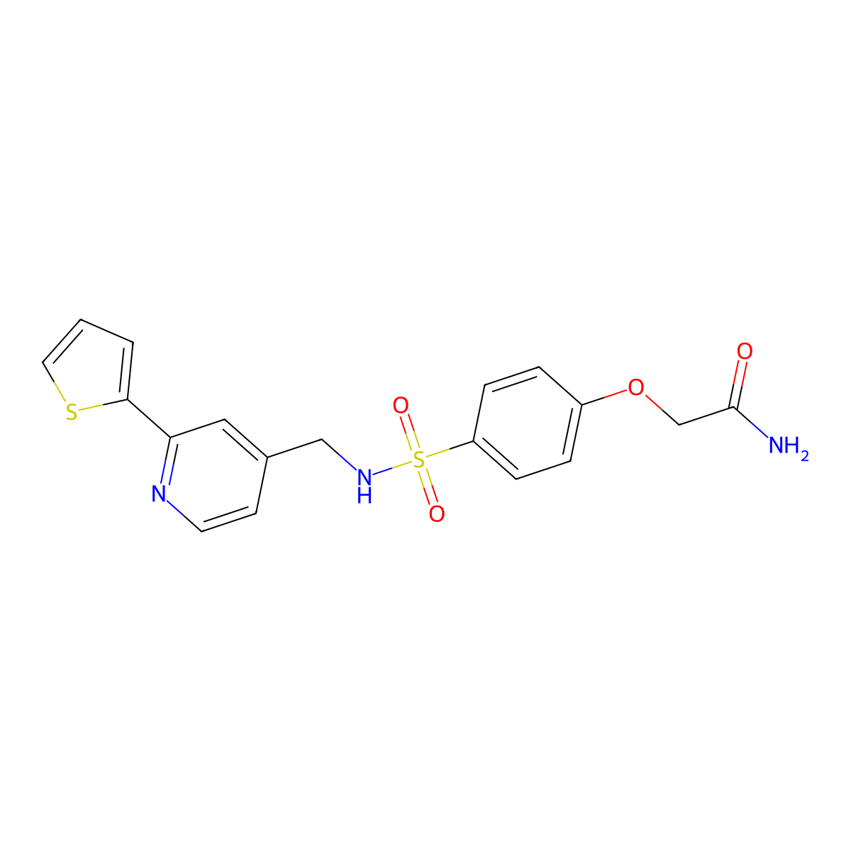 2-(4-(N-((2-(thiophen-2-yl)pyridin-4-yl)methyl)sulfamoyl)phenoxy)acetamide molecular structure, CAS 2034438-13-4