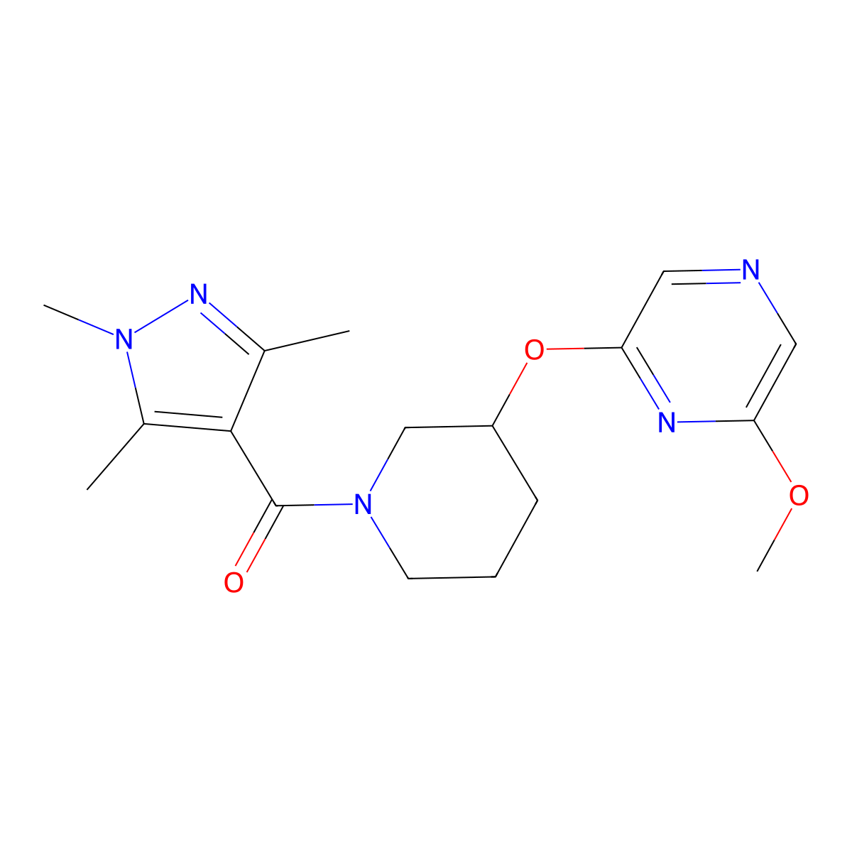 (3-((6-methoxypyrazin-2-yl)oxy)piperidin-1-yl)(1,3,5-trimethyl-1H-pyrazol-4-yl)methanone molecular structure, CAS 2034438-14-5