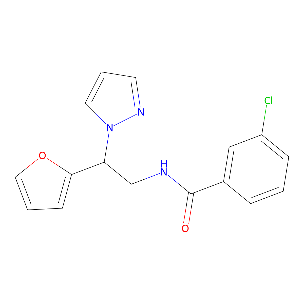 3-chloro-N-(2-(furan-2-yl)-2-(1H-pyrazol-1-yl)ethyl)benzamide molecular structure, CAS 2034438-32-7