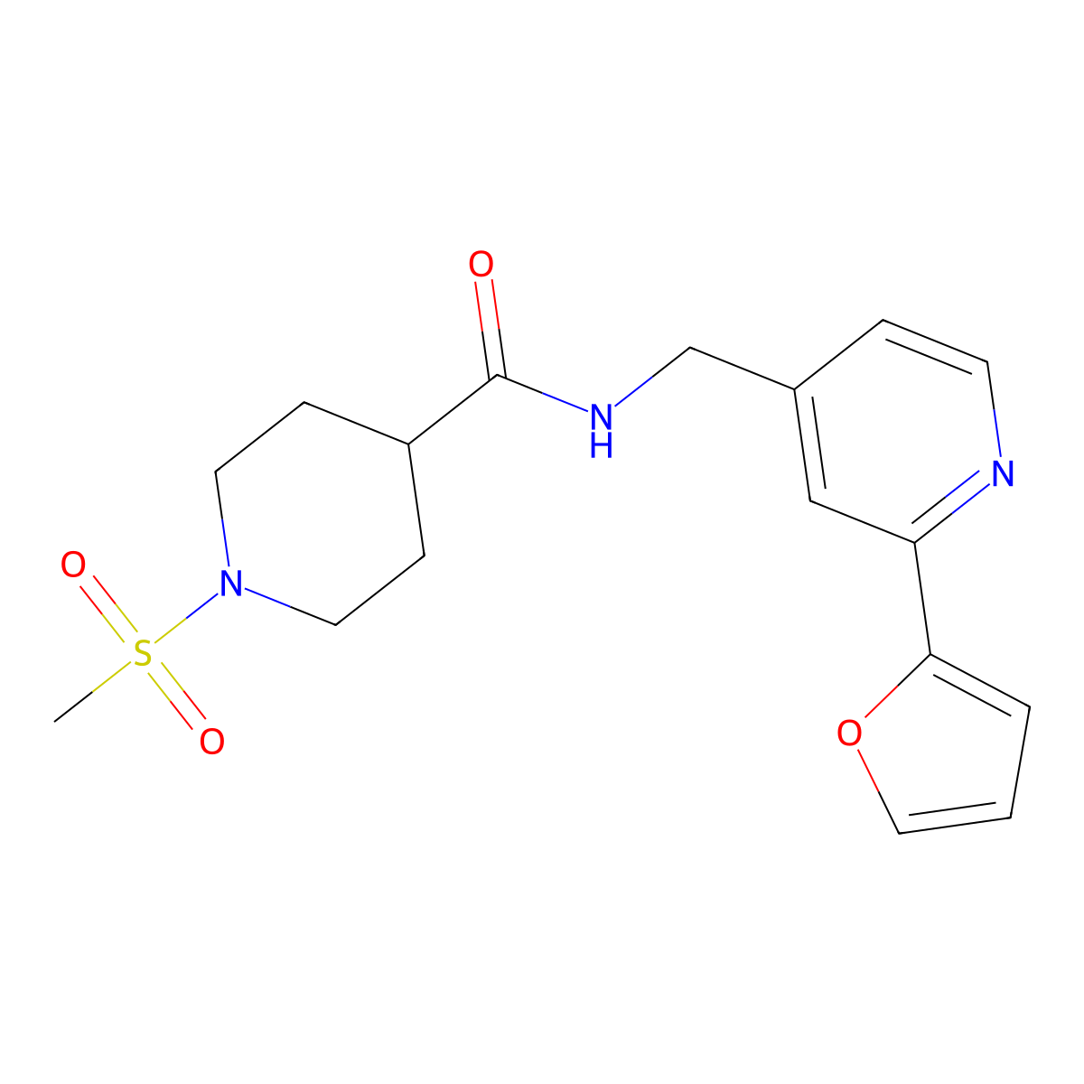 N-((2-(furan-2-yl)pyridin-4-yl)methyl)-1-(methylsulfonyl)piperidine-4-carboxamide molecular structure, CAS 2034438-61-2
