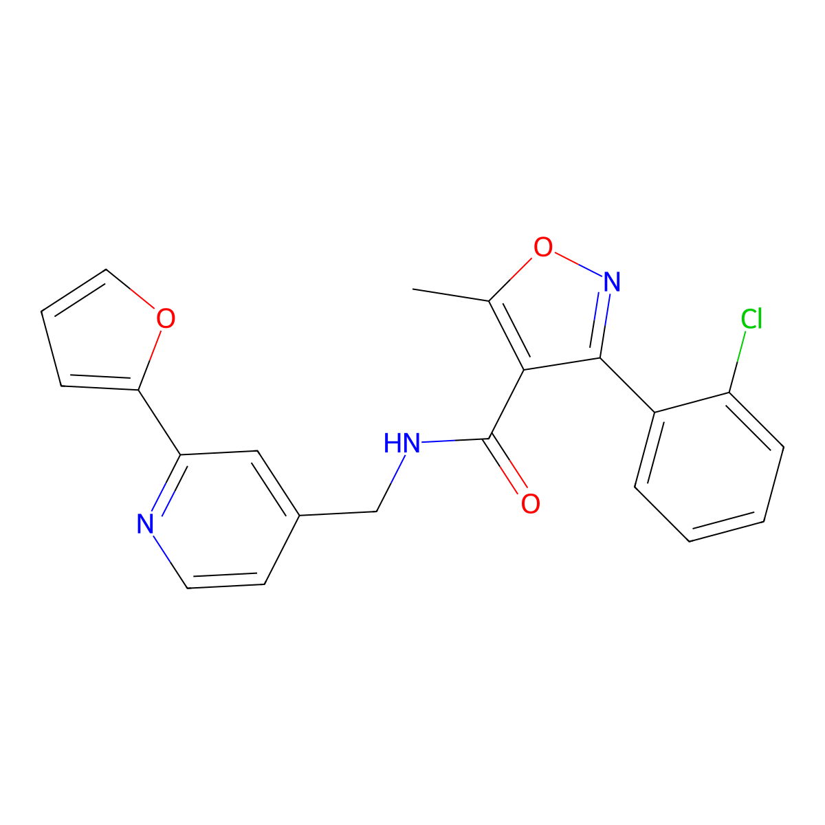 3-(2-chlorophenyl)-N-((2-(furan-2-yl)pyridin-4-yl)methyl)-5-methylisoxazole-4-carboxamide molecular structure, CAS 2034438-65-6