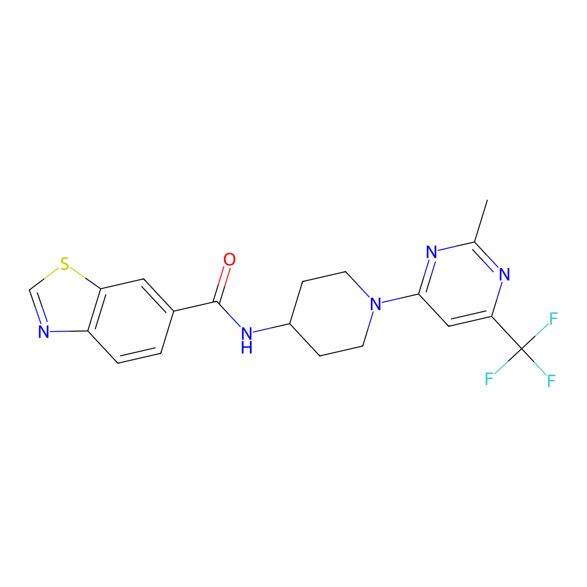 N-(1-(2-methyl-6-(trifluoromethyl)pyrimidin-4-yl)piperidin-4-yl)benzo[d]thiazole-6-carboxamide molecular structure, CAS 2034438-74-7