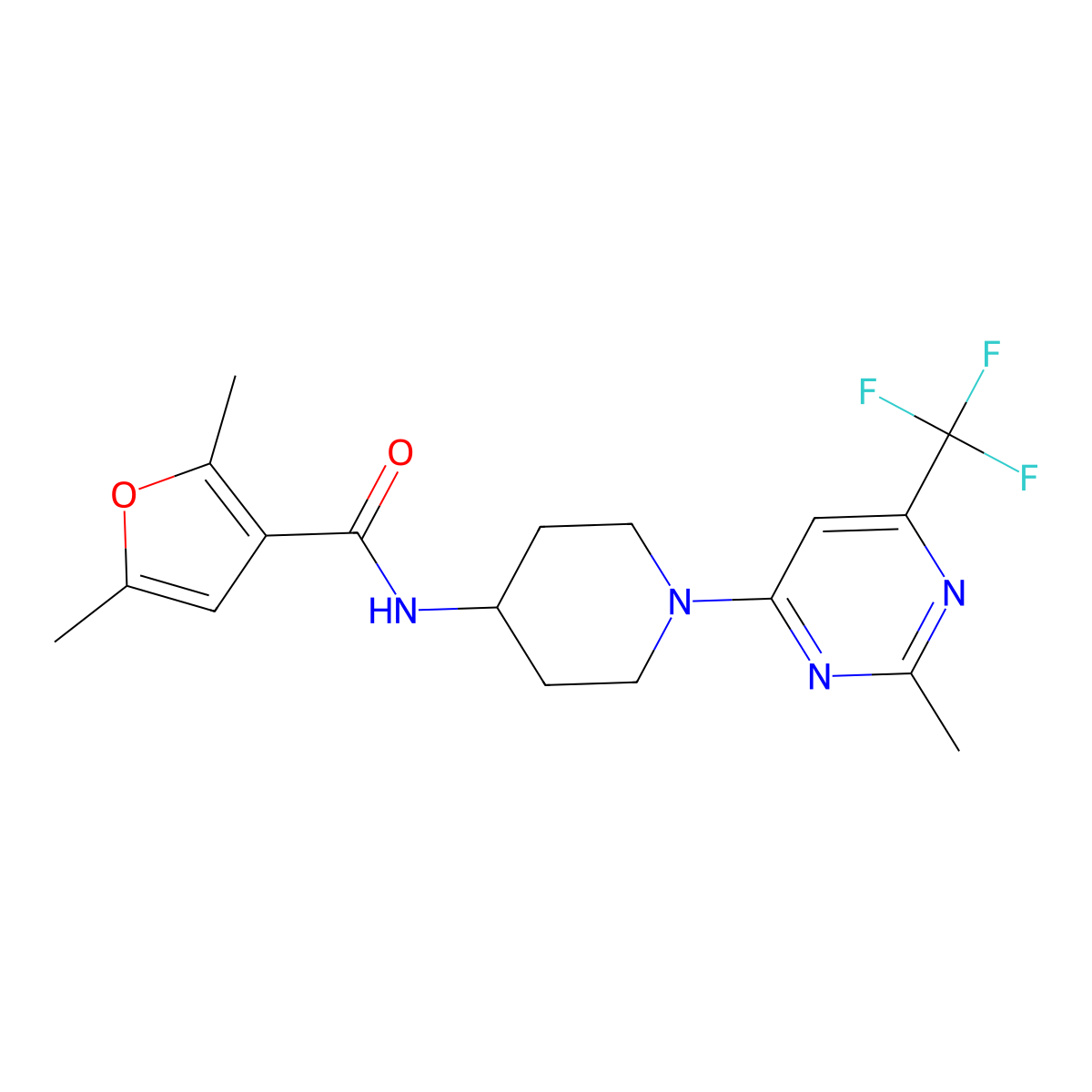 2,5-dimethyl-N-{1-[2-methyl-6-(trifluoromethyl)pyrimidin-4-yl]piperidin-4-yl}furan-3-carboxamide molecular structure, CAS 2034438-92-9