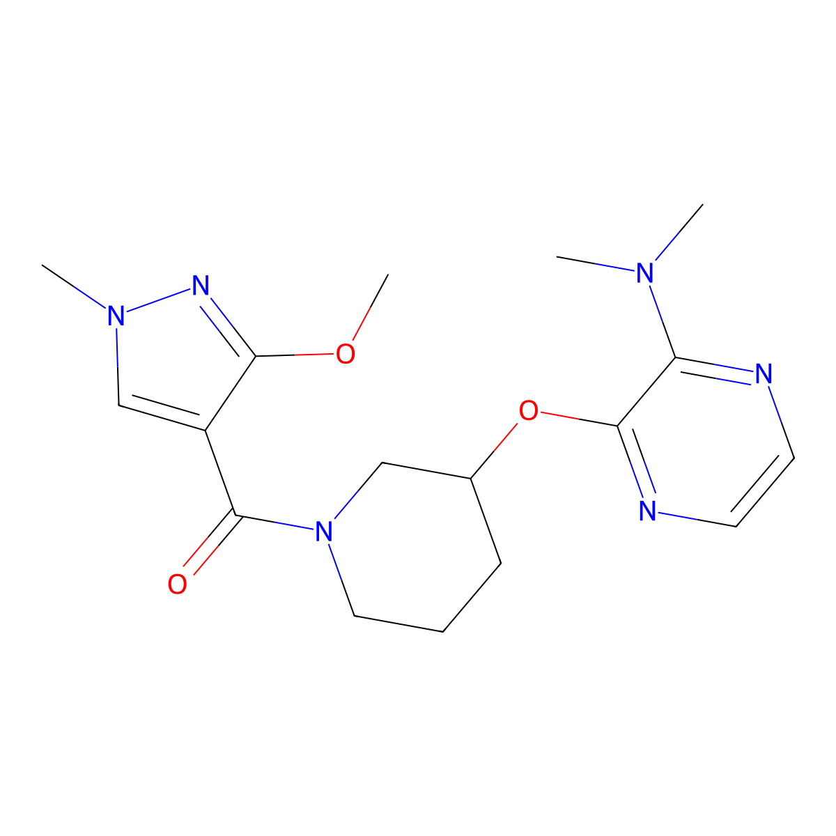 (3-((3-(dimethylamino)pyrazin-2-yl)oxy)piperidin-1-yl)(3-methoxy-1-methyl-1H-pyrazol-4-yl)methanone molecular structure, CAS 2034438-94-1