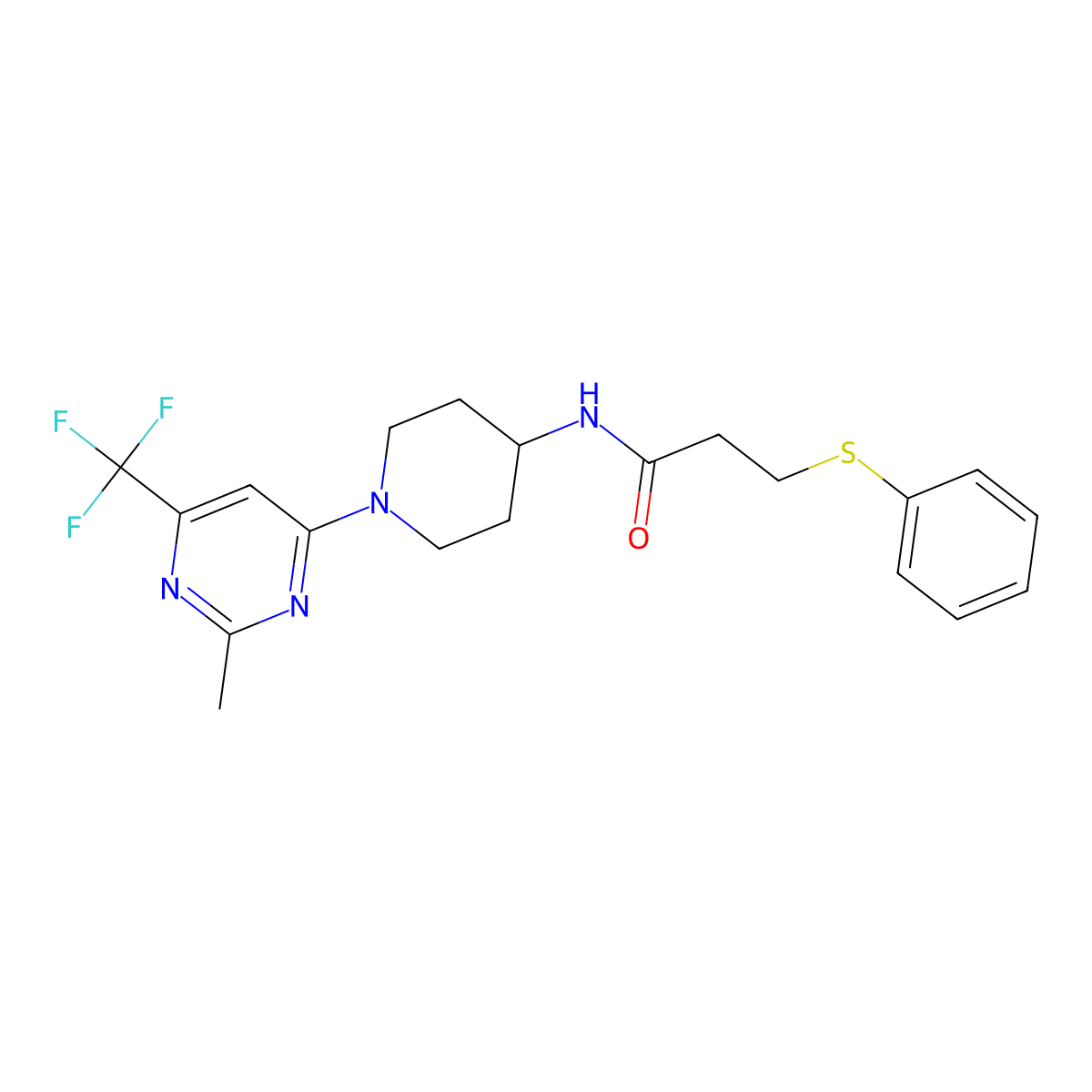N-(1-(2-methyl-6-(trifluoromethyl)pyrimidin-4-yl)piperidin-4-yl)-3-(phenylthio)propanamide molecular structure, CAS 2034439-04-6