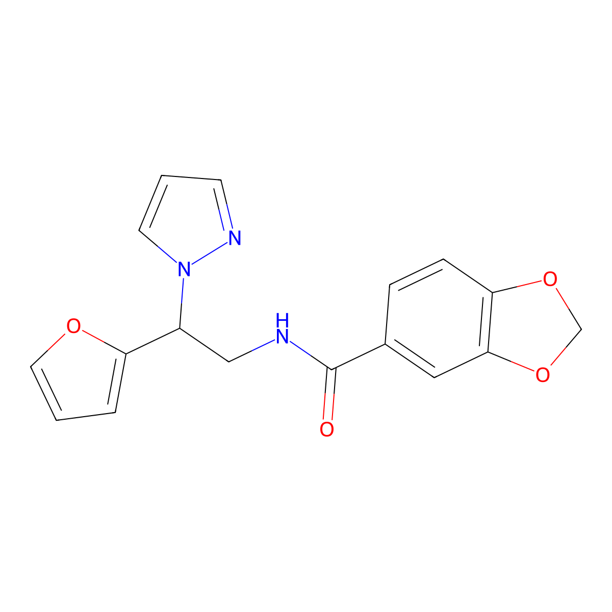 N-(2-(furan-2-yl)-2-(1H-pyrazol-1-yl)ethyl)benzo[d][1,3]dioxole-5-carboxamide molecular structure, CAS 2034439-09-1