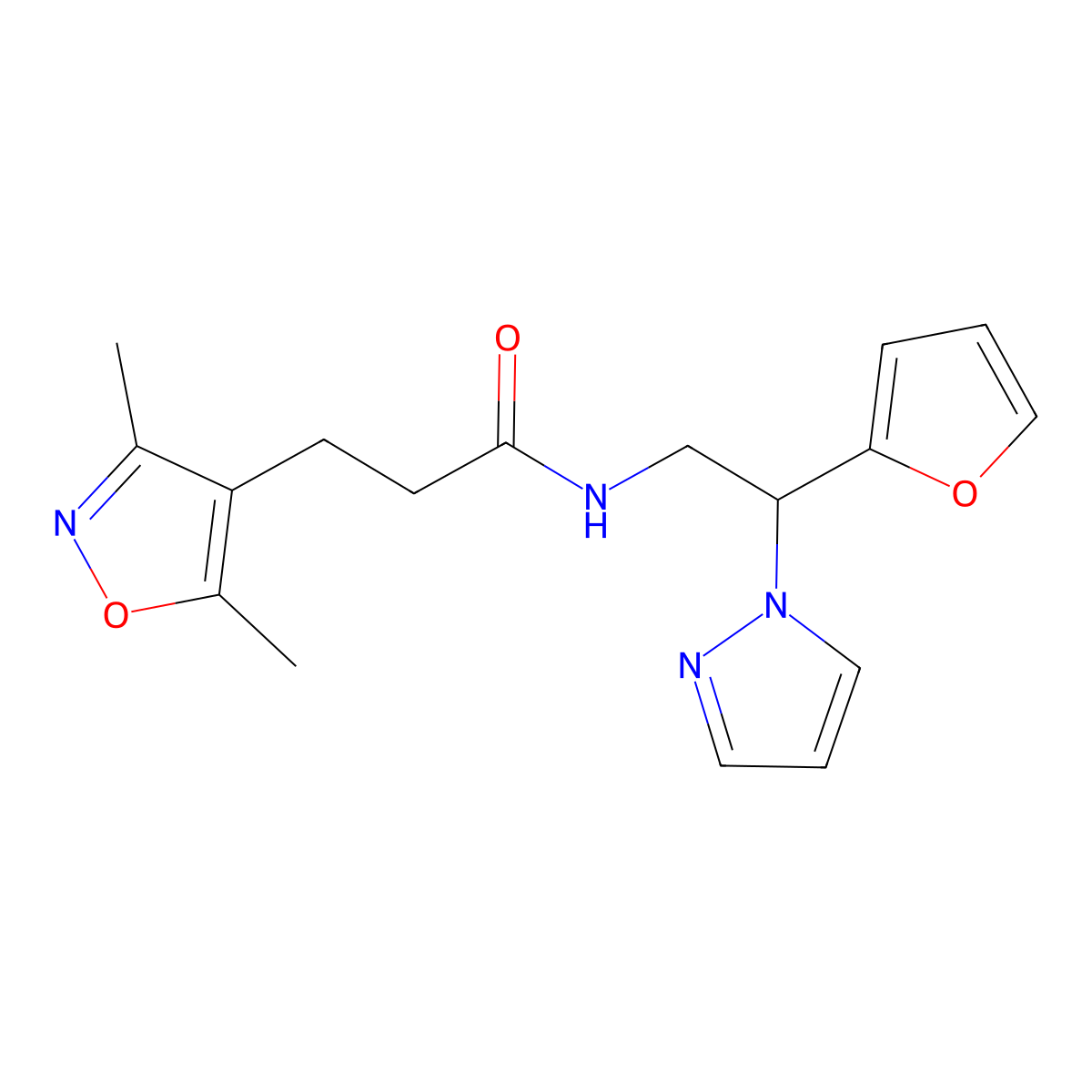 3-(3,5-dimethylisoxazol-4-yl)-N-(2-(furan-2-yl)-2-(1H-pyrazol-1-yl)ethyl)propanamide molecular structure, CAS 2034439-12-6