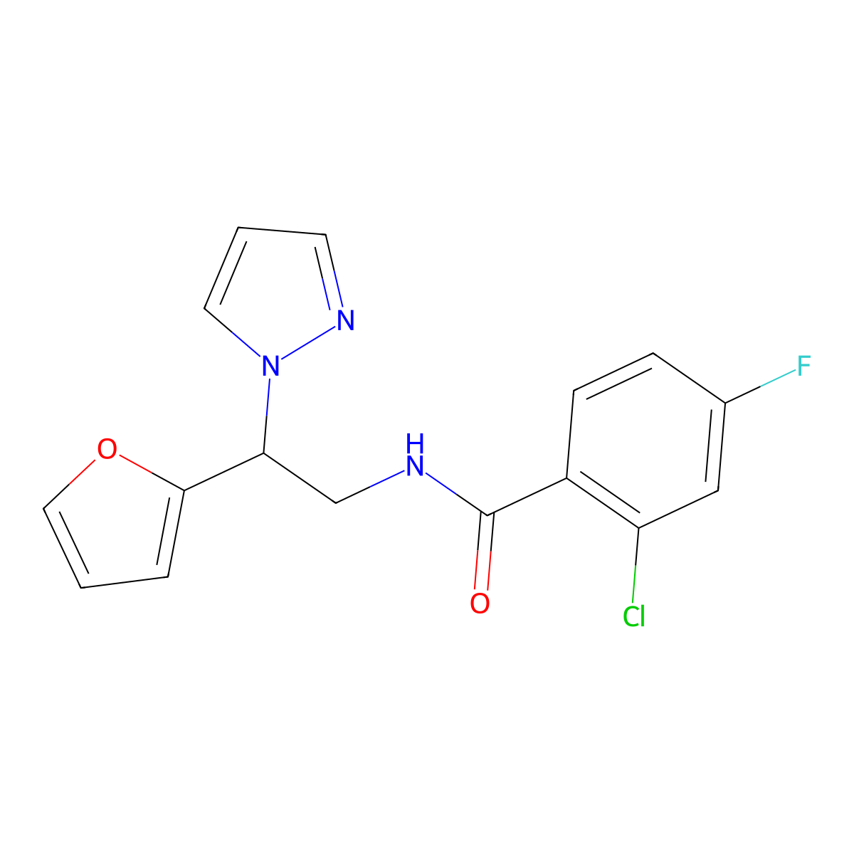 2-chloro-4-fluoro-N-[2-(furan-2-yl)-2-(1H-pyrazol-1-yl)ethyl]benzamide molecular structure, CAS 2034439-19-3