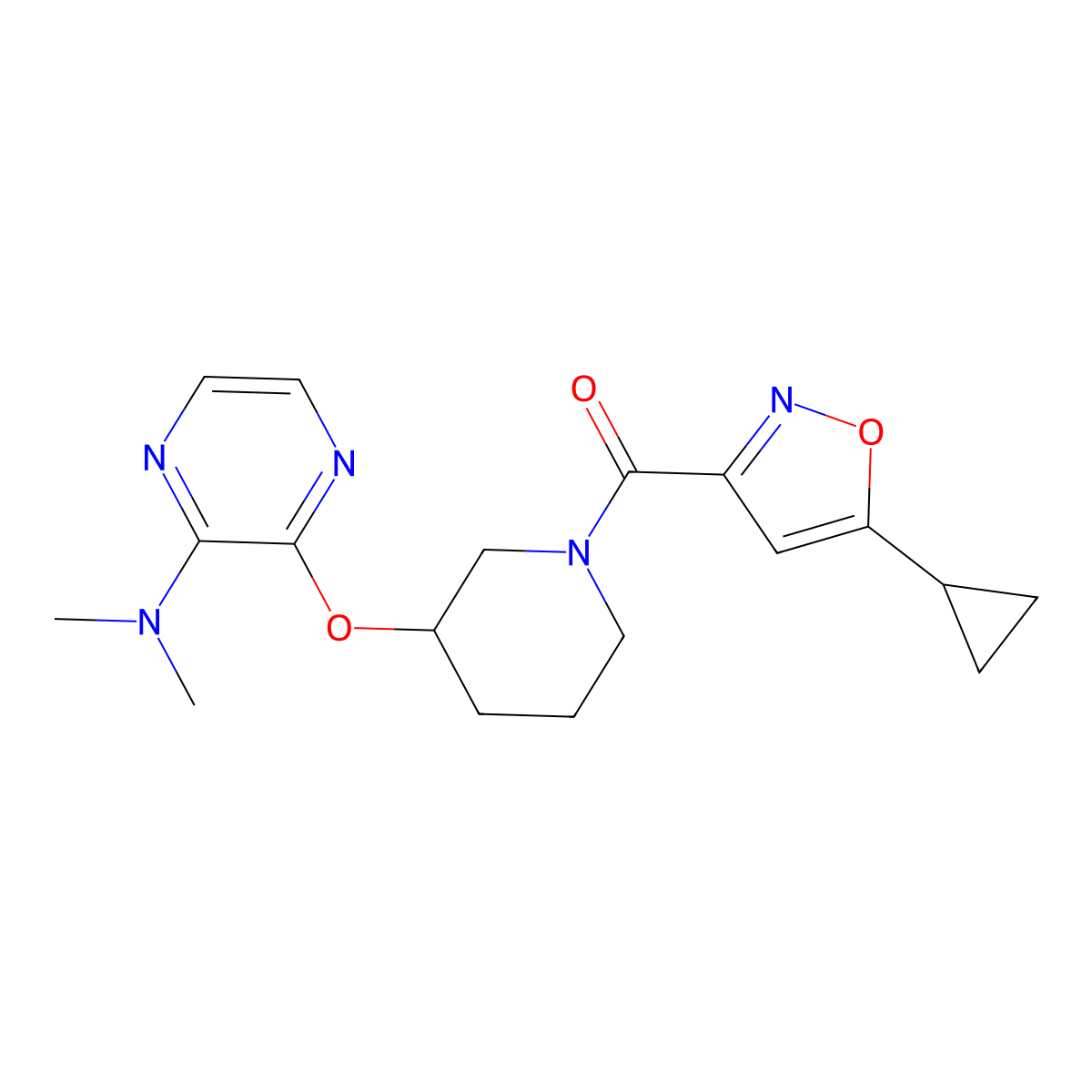 (5-Cyclopropylisoxazol-3-yl)(3-((3-(dimethylamino)pyrazin-2-yl)oxy)piperidin-1-yl)methanone molecular structure, CAS 2034439-22-8