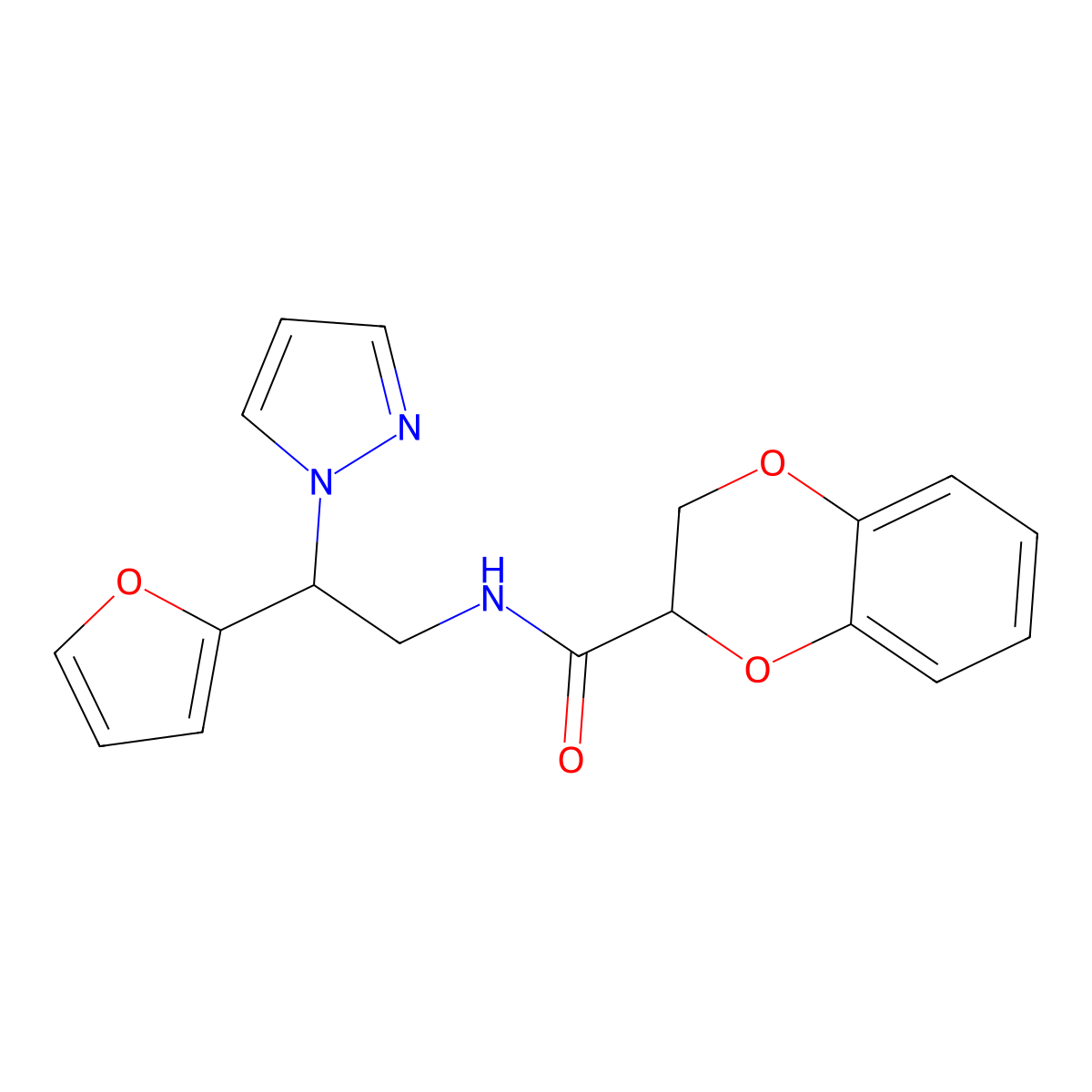 N-(2-(furan-2-yl)-2-(1H-pyrazol-1-yl)ethyl)-2,3-dihydrobenzo[b][1,4]dioxine-2-carboxamide molecular structure, CAS 2034439-26-2