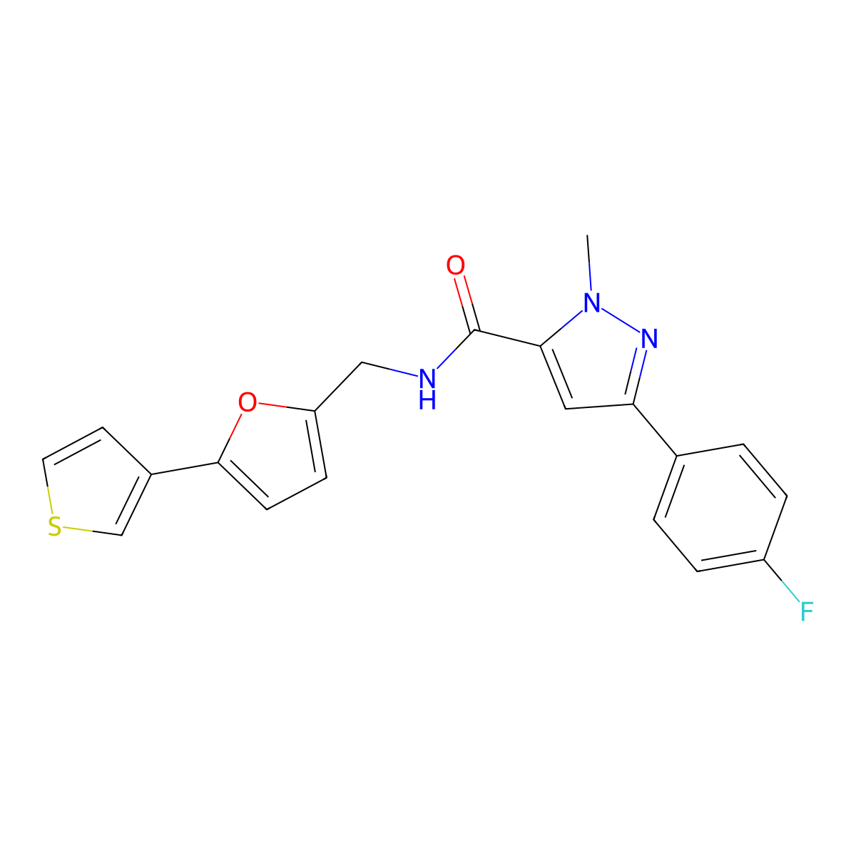 3-(4-fluorophenyl)-1-methyl-N-((5-(thiophen-3-yl)furan-2-yl)methyl)-1H-pyrazole-5-carboxamide molecular structure, CAS 2034439-27-3