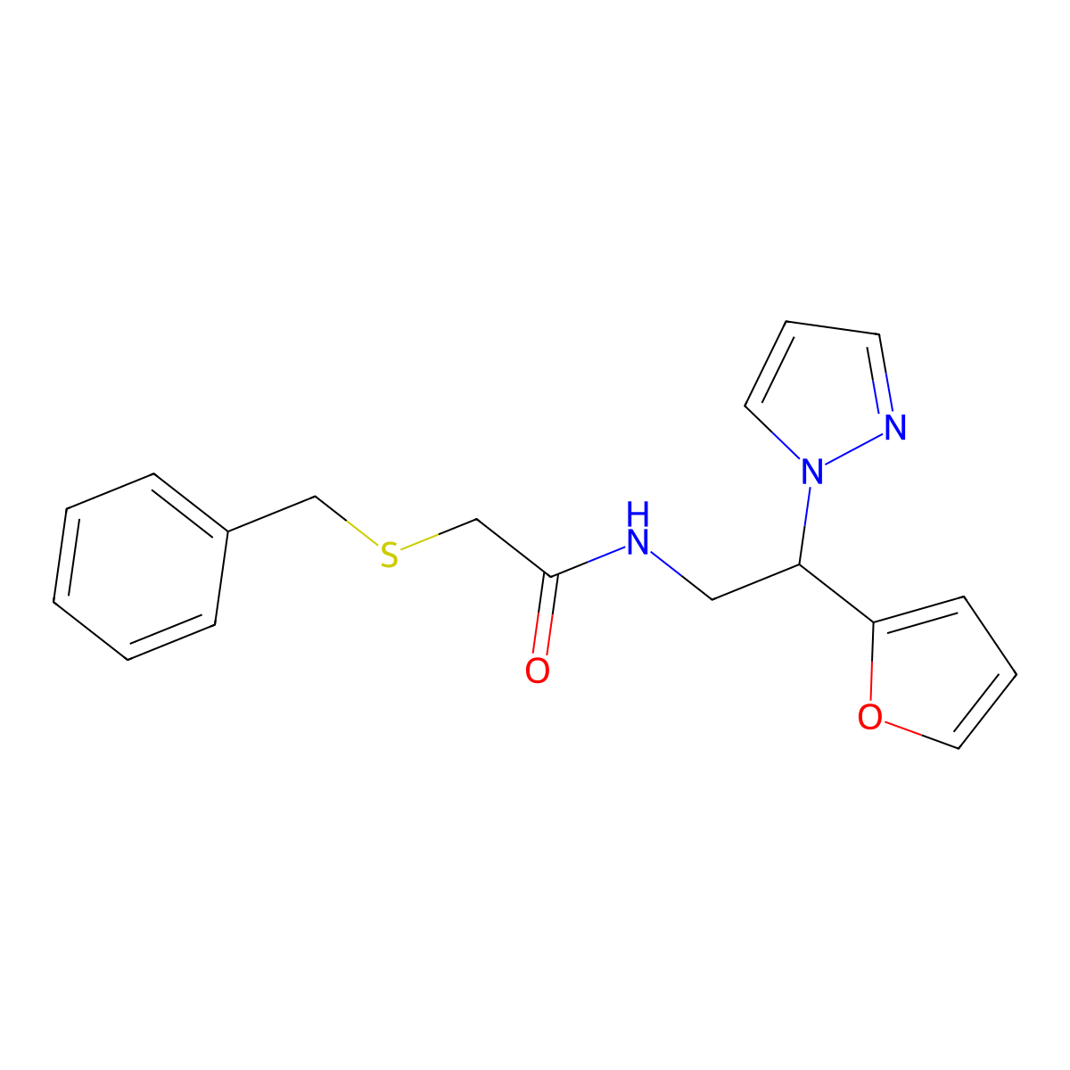 2-(benzylthio)-N-(2-(furan-2-yl)-2-(1H-pyrazol-1-yl)ethyl)acetamide molecular structure, CAS 2034439-32-0