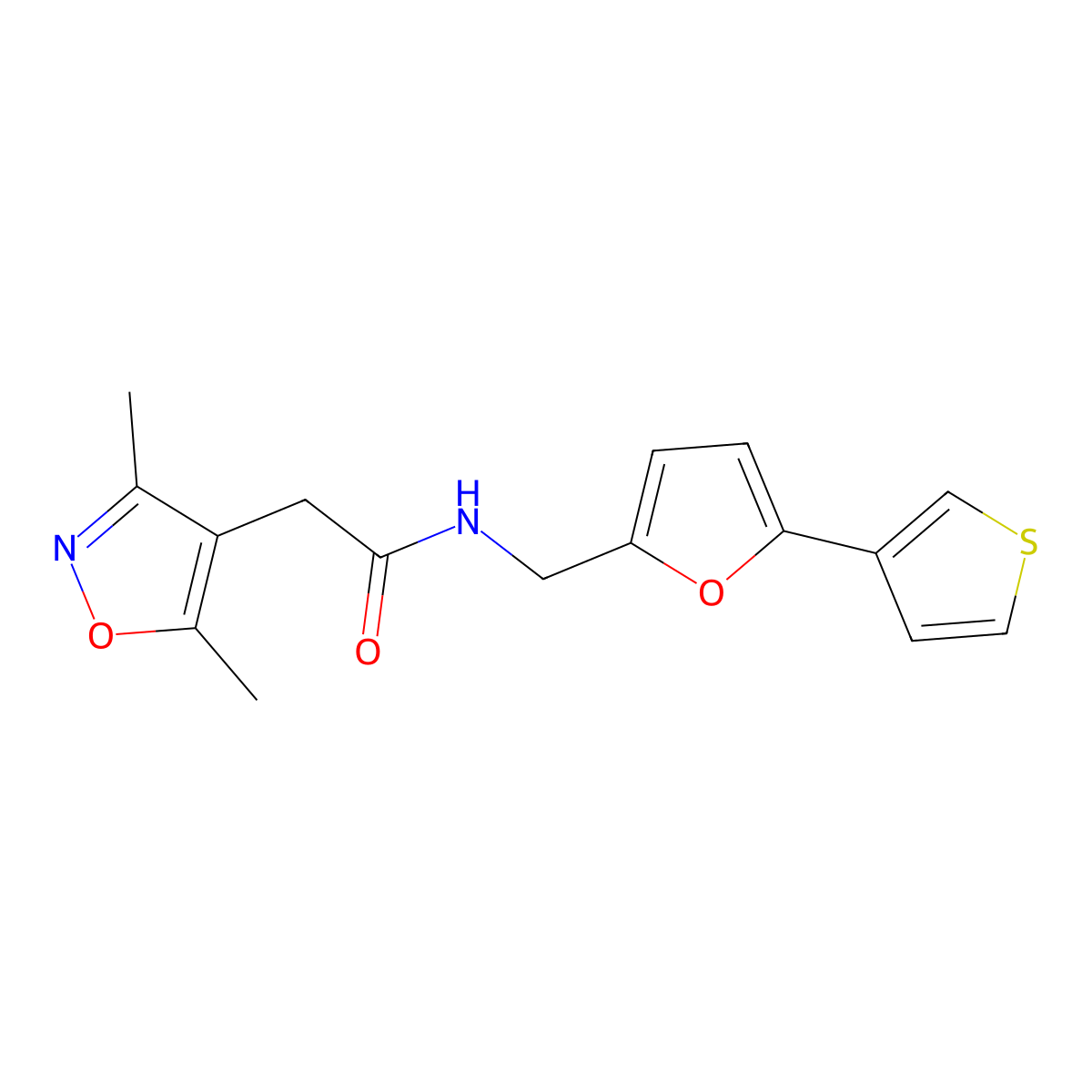 2-(3,5-dimethylisoxazol-4-yl)-N-((5-(thiophen-3-yl)furan-2-yl)methyl)acetamide molecular structure, CAS 2034439-36-4