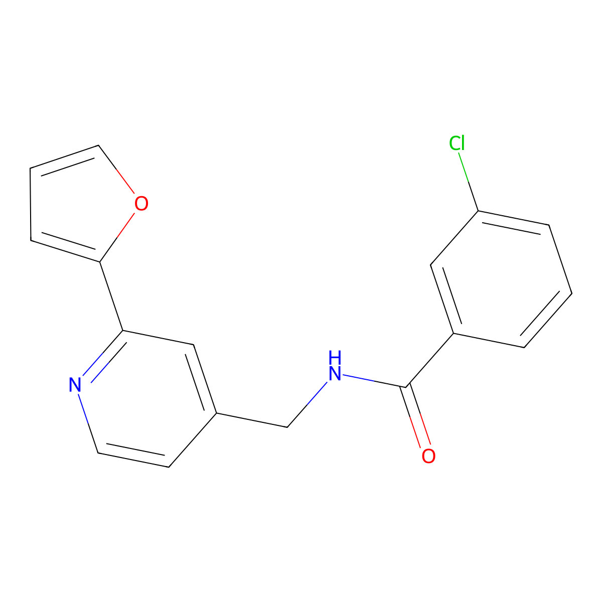 3-chloro-N-((2-(furan-2-yl)pyridin-4-yl)methyl)benzamide molecular structure, CAS 2034439-38-6