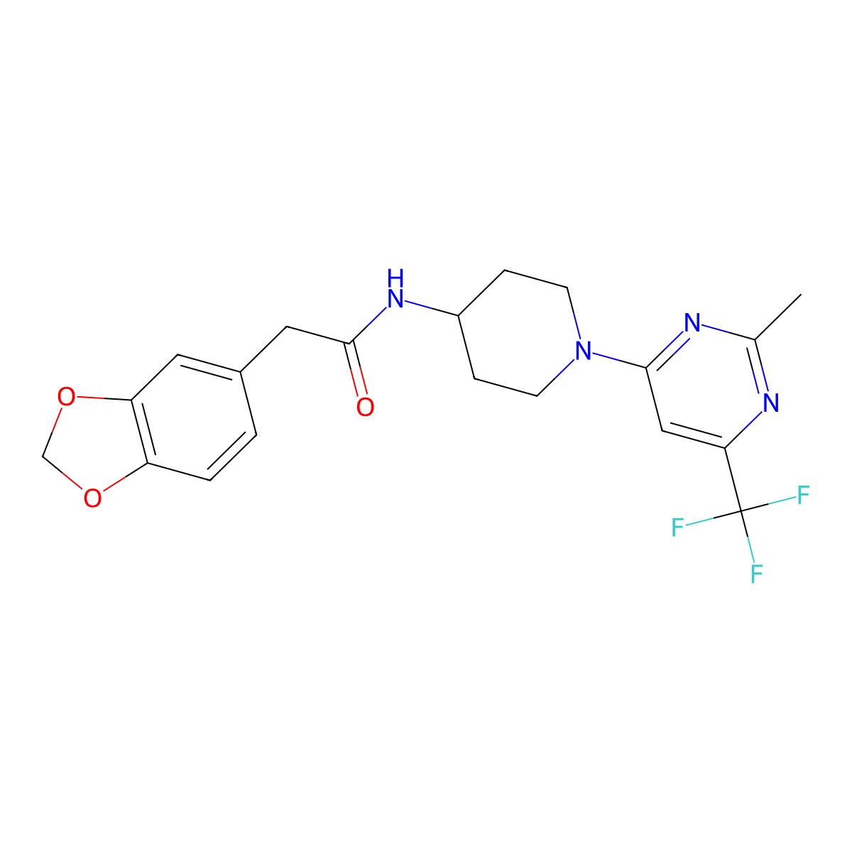 2-(benzo[d][1,3]dioxol-5-yl)-N-(1-(2-methyl-6-(trifluoromethyl)pyrimidin-4-yl)piperidin-4-yl)acetamide molecular structure, CAS 2034439-42-2