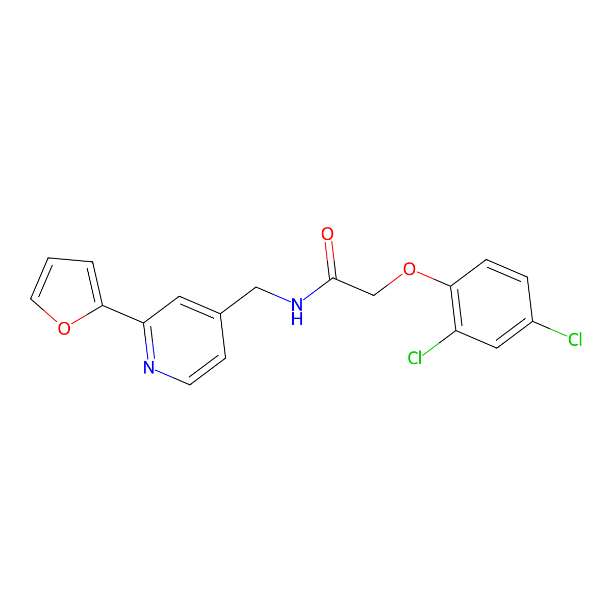 2-(2,4-dichlorophenoxy)-N-((2-(furan-2-yl)pyridin-4-yl)methyl)acetamide molecular structure, CAS 2034439-45-5