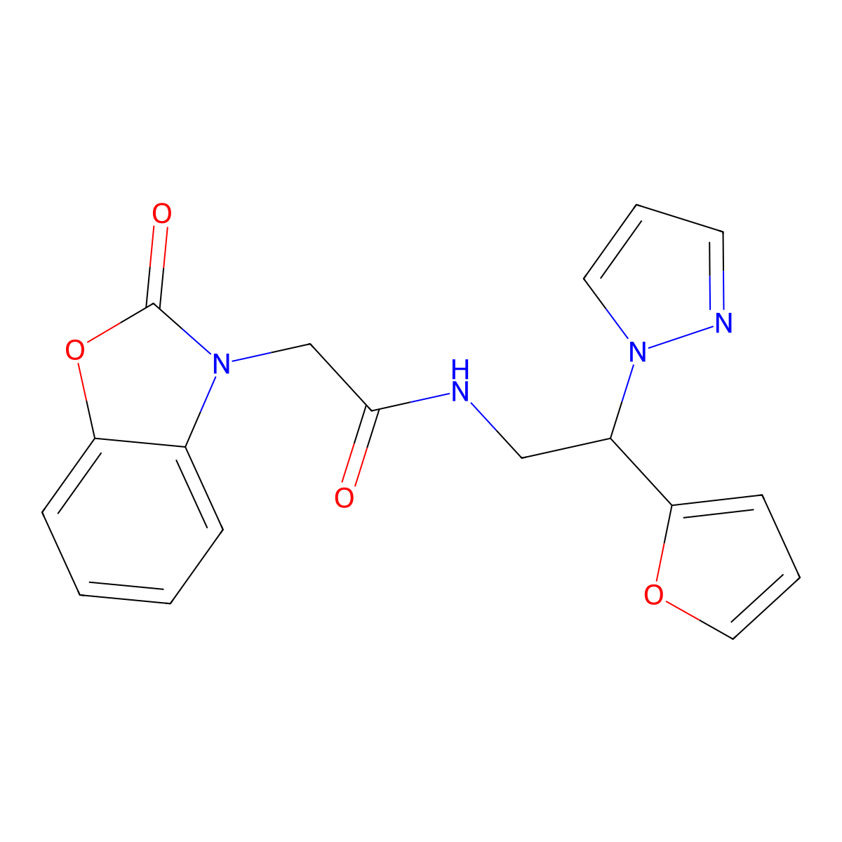 N-(2-(furan-2-yl)-2-(1H-pyrazol-1-yl)ethyl)-2-(2-oxobenzo[d]oxazol-3(2H)-yl)acetamide molecular structure, CAS 2034439-50-2