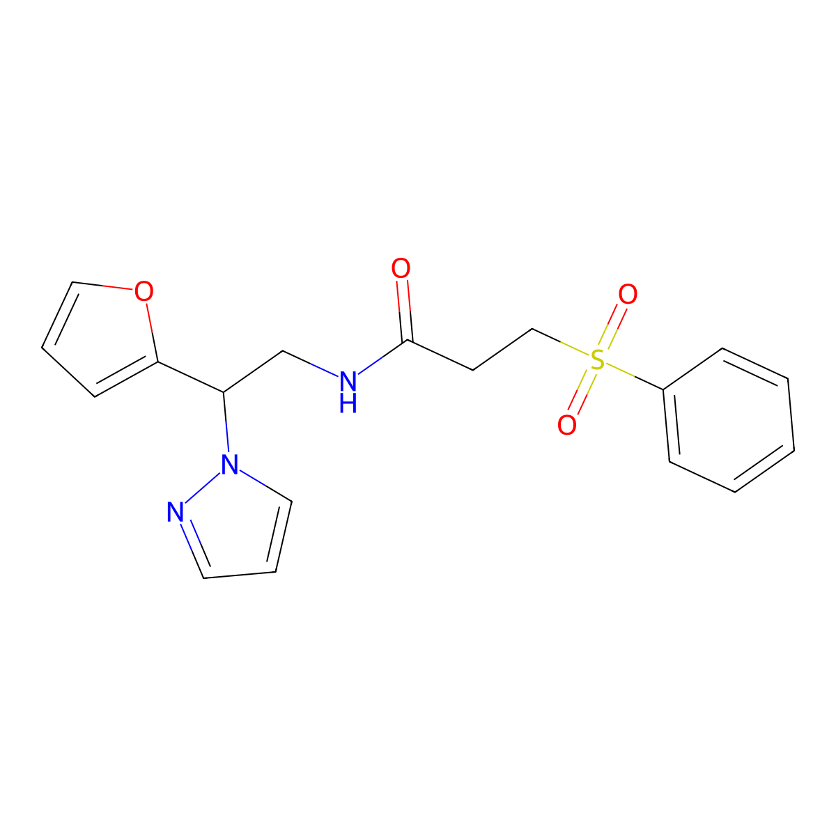 N-(2-(furan-2-yl)-2-(1H-pyrazol-1-yl)ethyl)-3-(phenylsulfonyl)propanamide molecular structure, CAS 2034439-55-7