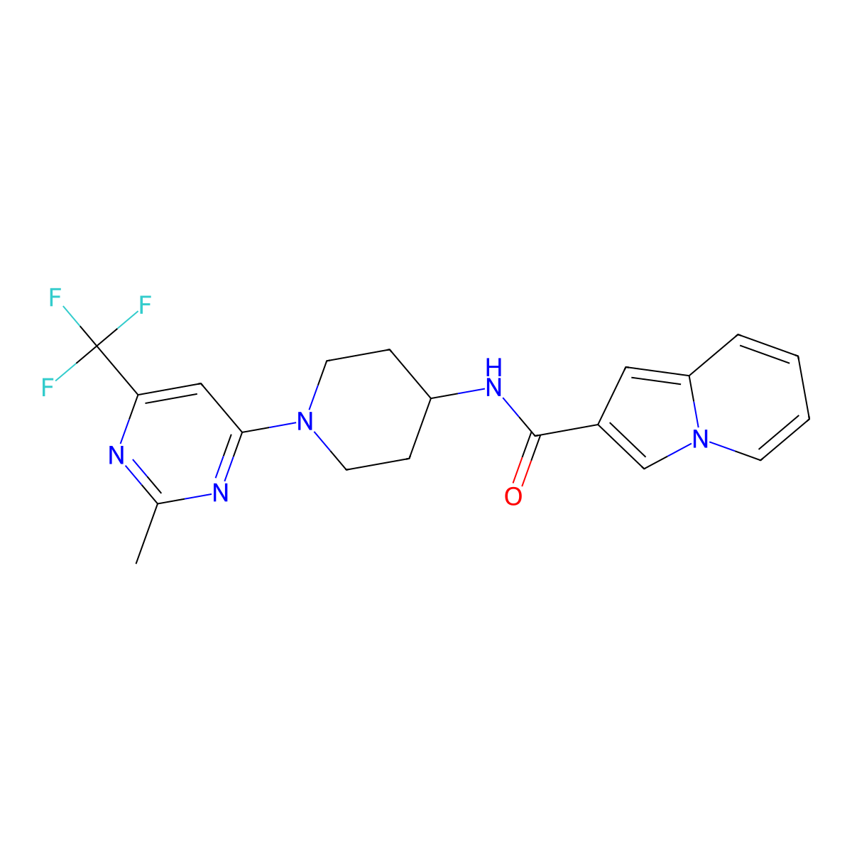 N-{1-[2-methyl-6-(trifluoromethyl)pyrimidin-4-yl]piperidin-4-yl}indolizine-2-carboxamide molecular structure, CAS 2034439-56-8