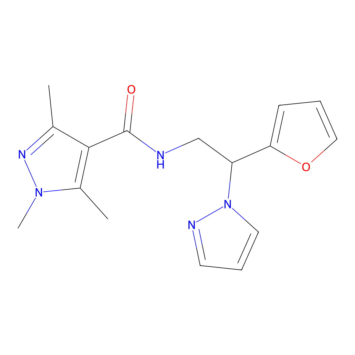 N-(2-(furan-2-yl)-2-(1H-pyrazol-1-yl)ethyl)-1,3,5-trimethyl-1H-pyrazole-4-carboxamide molecular structure, CAS 2034439-60-4