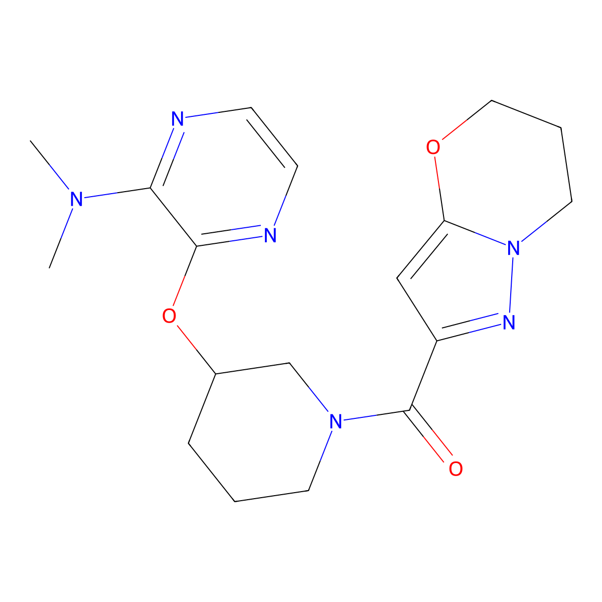 (6,7-dihydro-5H-pyrazolo[5,1-b][1,3]oxazin-2-yl)(3-((3-(dimethylamino)pyrazin-2-yl)oxy)piperidin-1-yl)methanone molecular structure, CAS 2034439-81-9