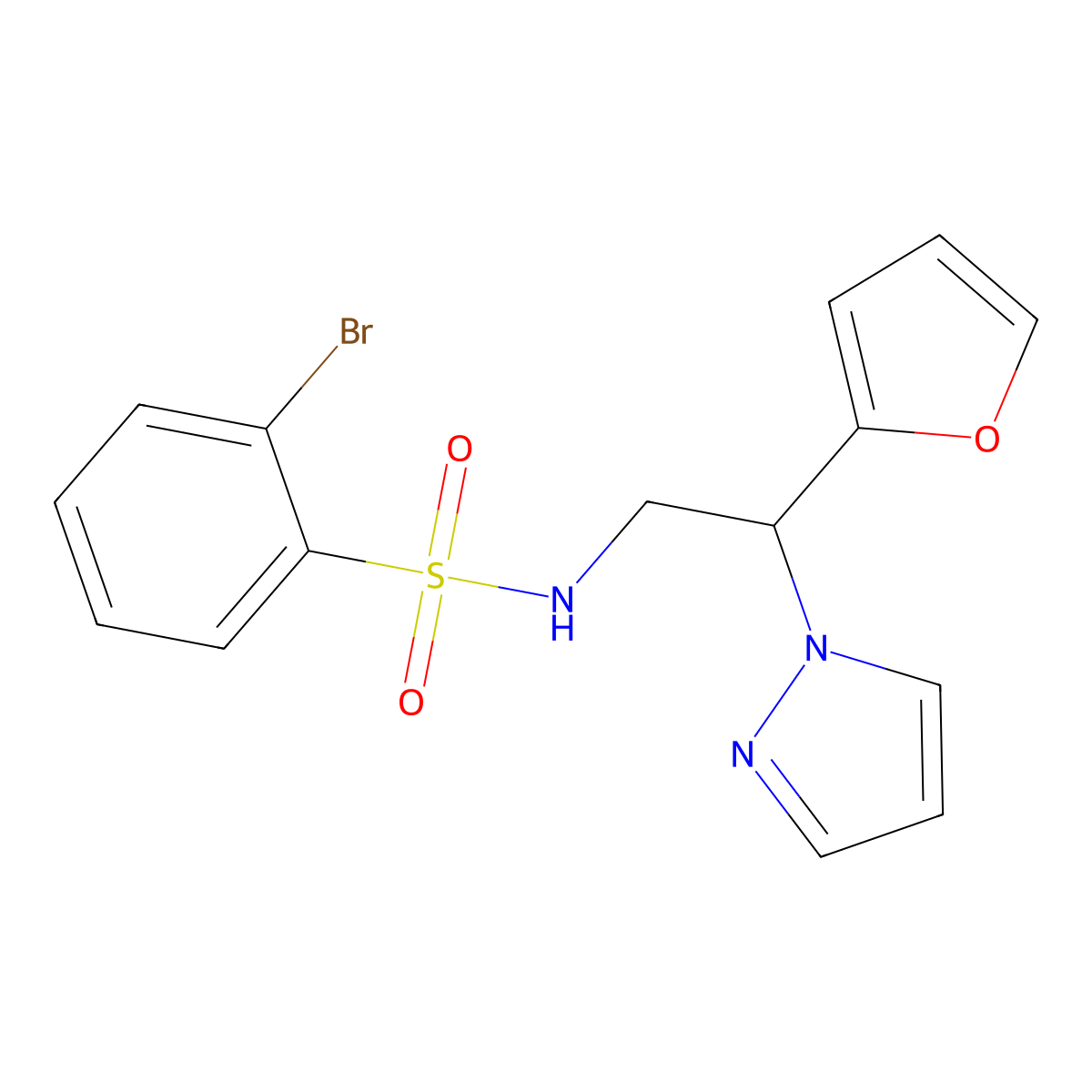 2-bromo-N-(2-(furan-2-yl)-2-(1H-pyrazol-1-yl)ethyl)benzenesulfonamide molecular structure, CAS 2034439-84-2